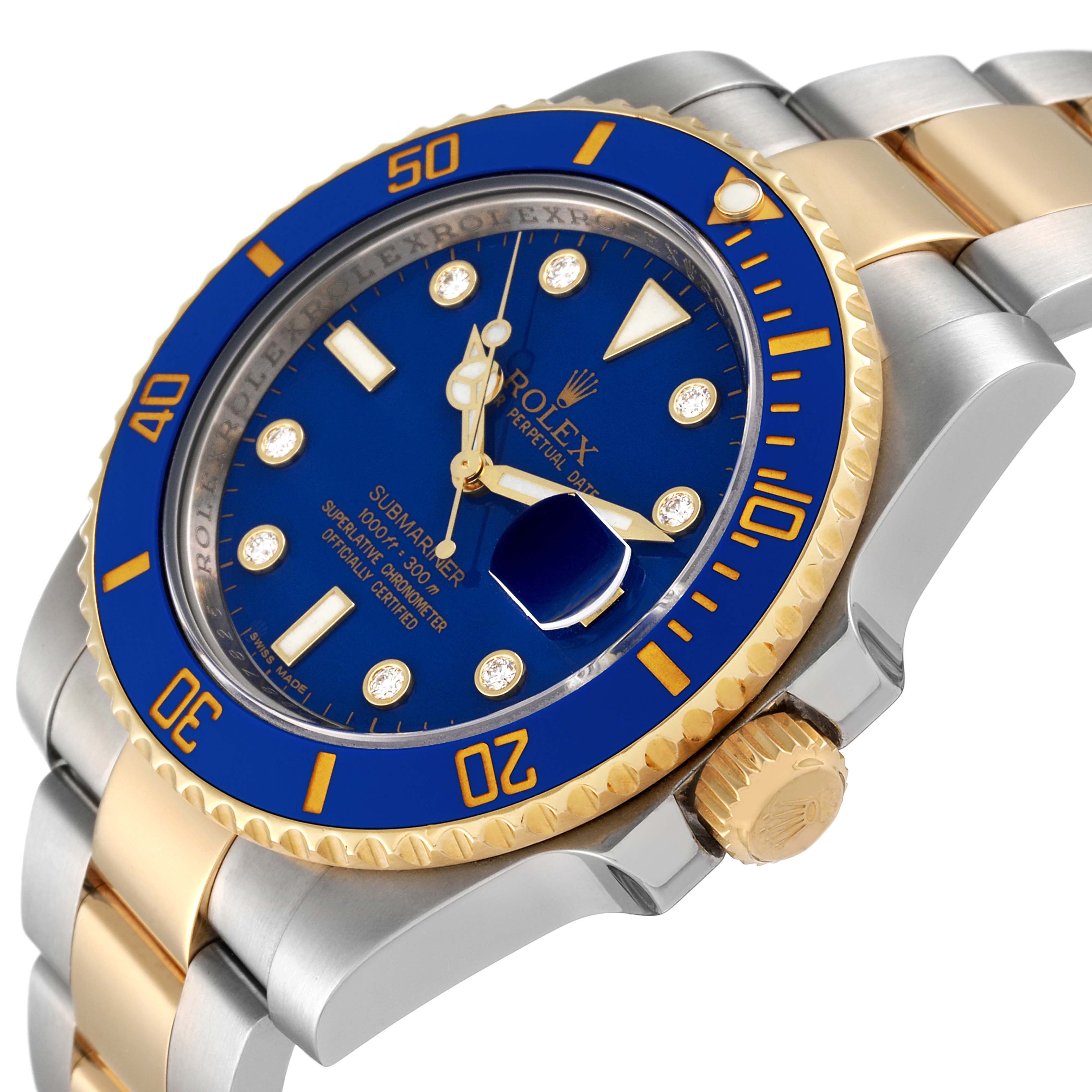 This image shows a close-up angle of a Rolex Submariner 116613 Men's Steel and Gold (two tone) Blue Dial 116613 Men's Steel and Gold (two tone) Blue Dial watch featuring a blue and gold bezel, blue dial, and two-tone bracelet.