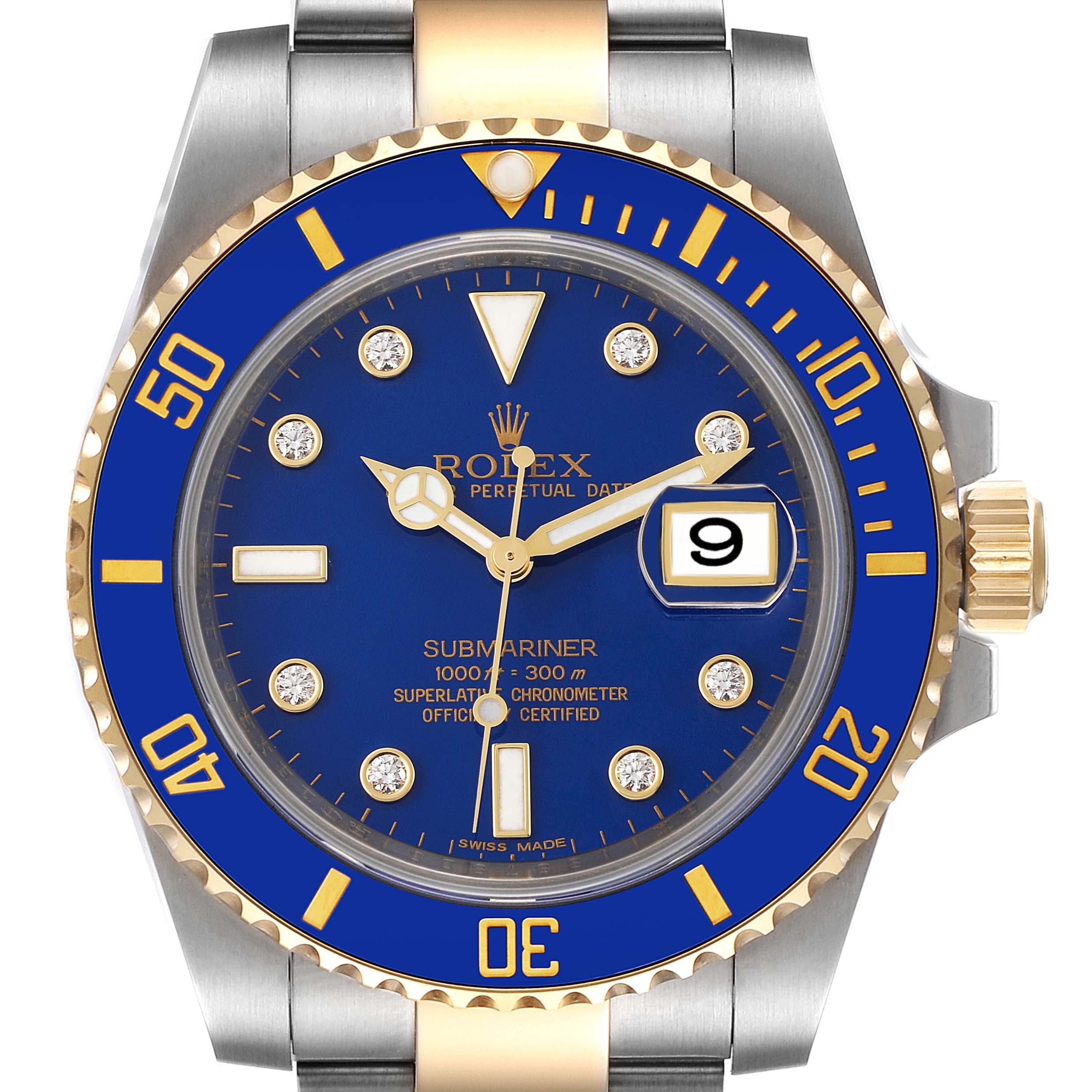 This image shows a Rolex Submariner 116613 Men's Steel and Gold (two tone) Blue Dial 116613 Men's Steel and Gold (two tone) Blue Dial watch in a straight-on angle, featuring its blue dial, gold-accented bezel, and crown.