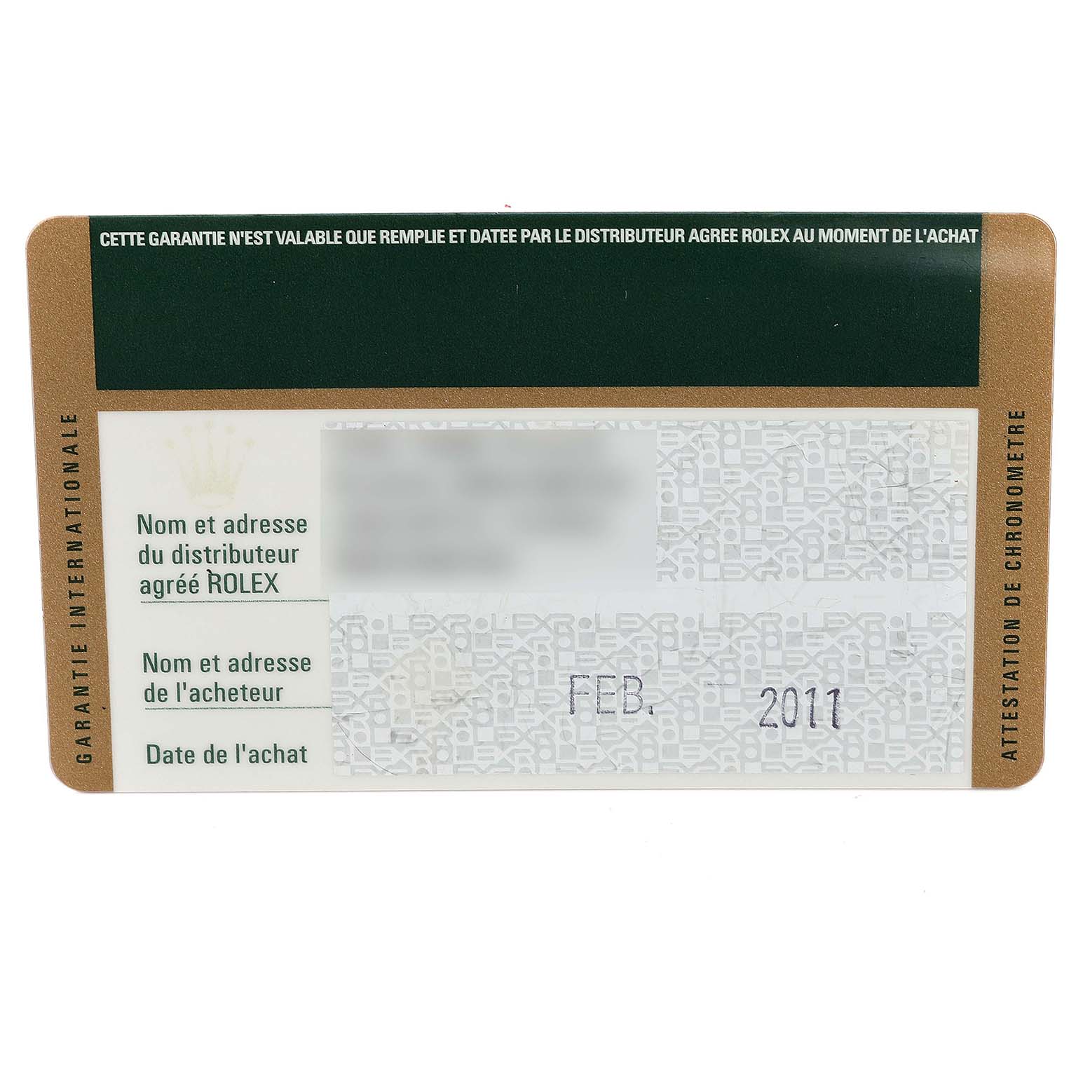 This image shows the warranty card for a Rolex Submariner 116613 Men's Steel and Gold (two tone) Blue Dial 116613 Men's Steel and Gold (two tone) Blue Dial, containing purchase and distributor details.