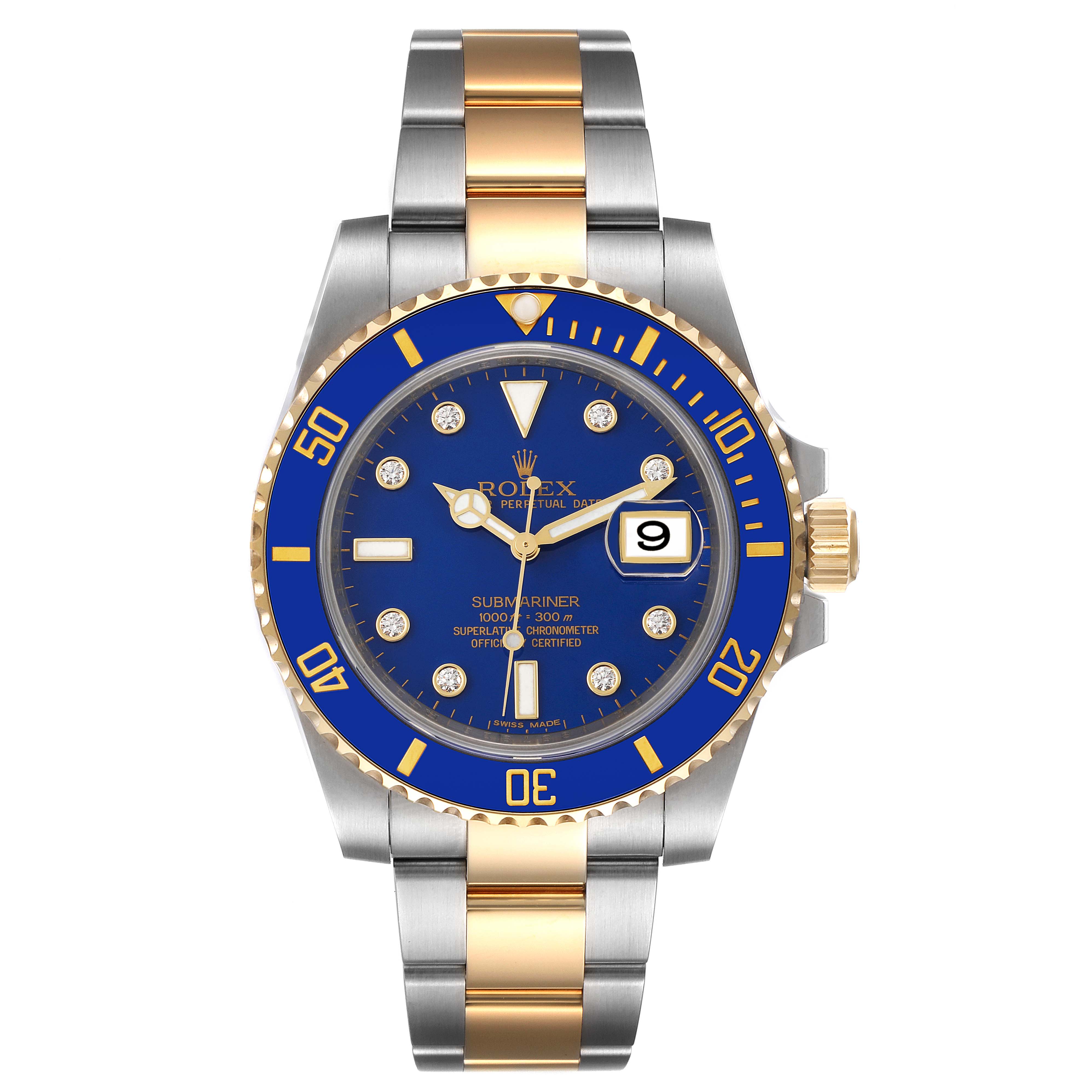The image shows a front view of a Rolex Submariner 116613 Men's Steel and Gold (two tone) Blue Dial 116613 Men's Steel and Gold (two tone) Blue Dial watch with a two-tone bracelet and blue dial.
