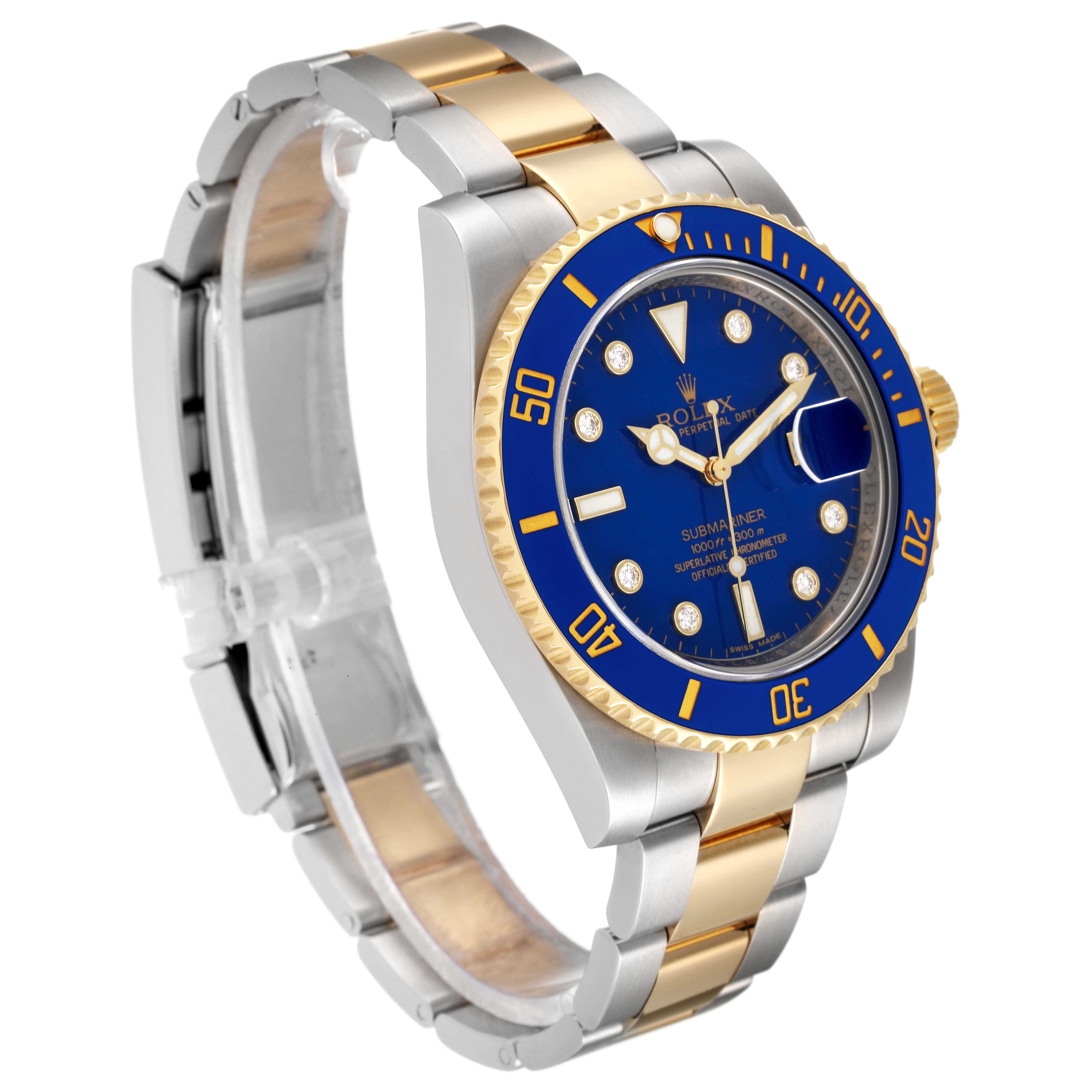 This image shows a side angle of a Rolex Submariner 116613 Men's Steel and Gold (two tone) Blue Dial 116613 Men's Steel and Gold (two tone) Blue Dial watch, showcasing its blue dial, bezel, and two-tone bracelet.