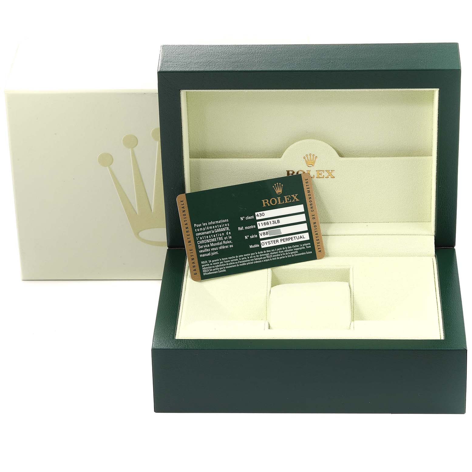This image shows the open green box for a Rolex Submariner 116613 Men's Steel and Gold (two tone) Blue Dial 116613 Men's Steel and Gold (two tone) Blue Dial watch, along with its warranty card displayed on an angle.