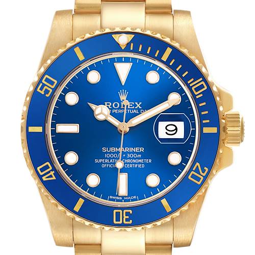 The Rolex Submariner 116618 Men's Yellow Gold Blue Dial watch is shown from a top-down angle, highlighting its blue dial, bezel, and gold bracelet.