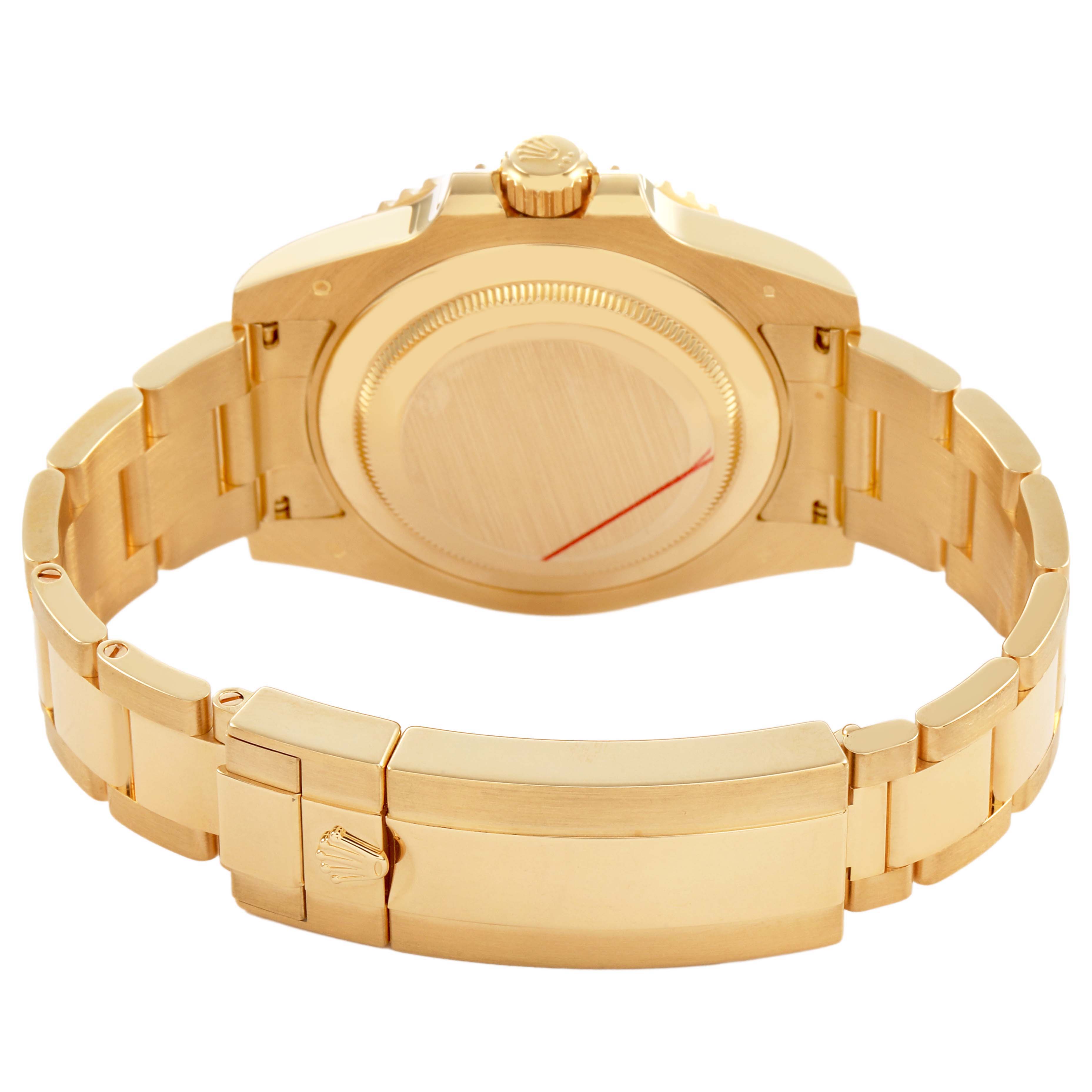 The image shows a Rolex Submariner 116618 Men's Yellow Gold Blue Dial from the back, highlighting the case back and metal bracelet with clasp.