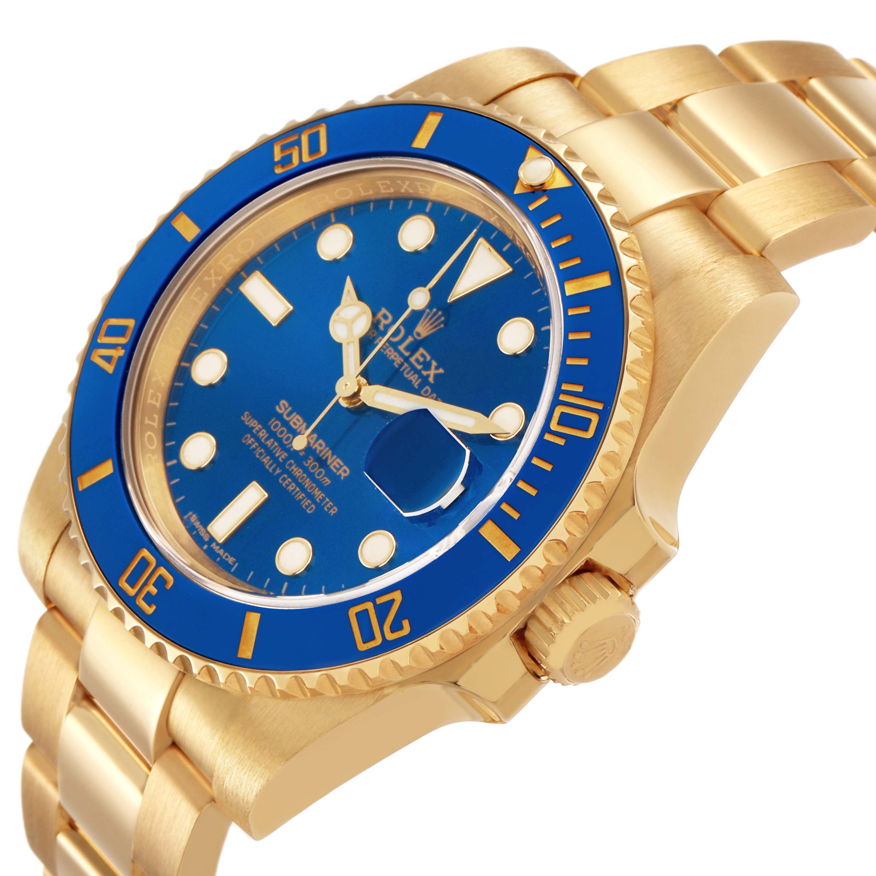 The Rolex Submariner 116618 Men's Yellow Gold Blue Dial watch is shown at an angled side view, displaying the bezel, dial, crown, and part of the bracelet.