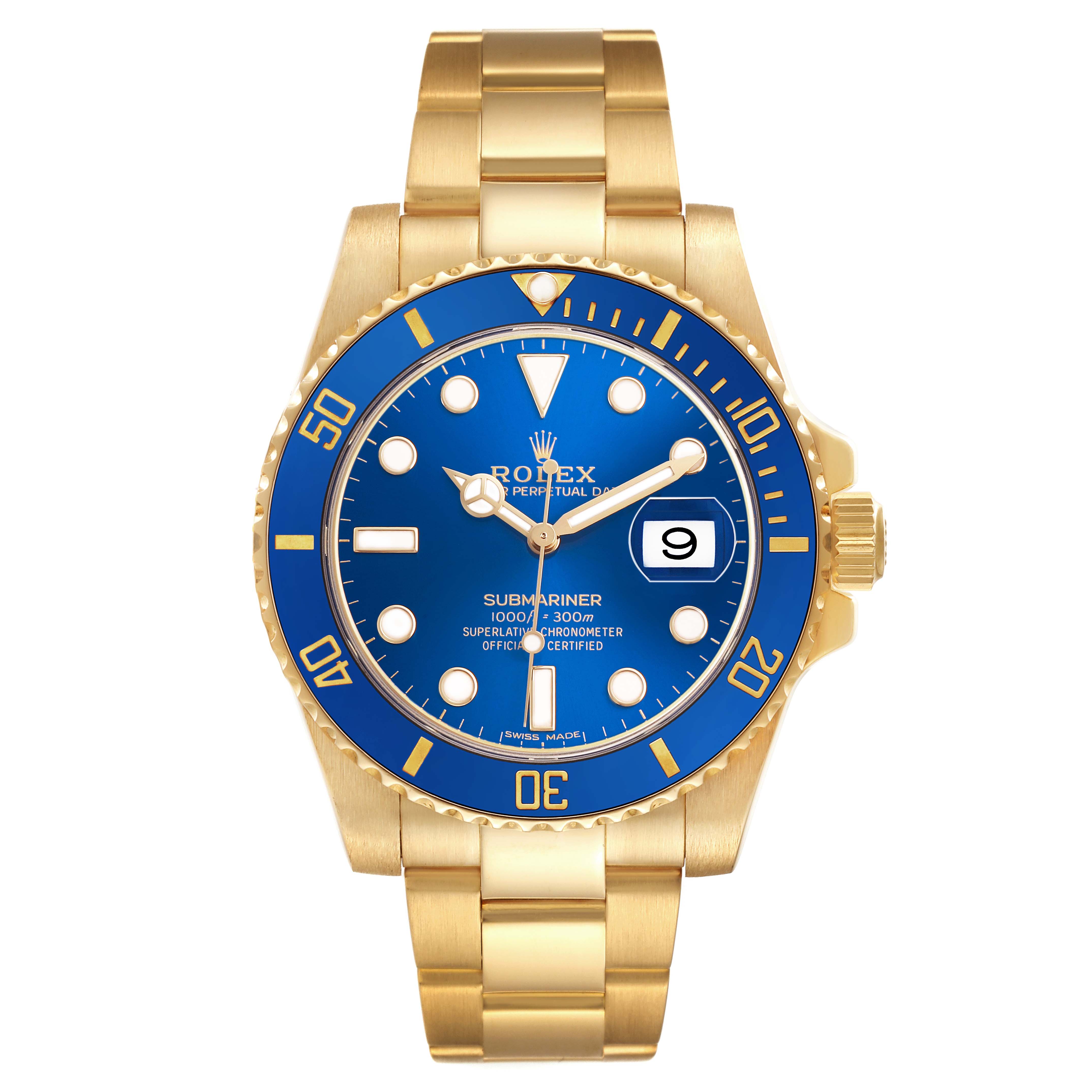 The Rolex Submariner 116618 Men's Yellow Gold Blue Dial watch is shown from a front angle, displaying its blue dial, gold case, and bracelet.