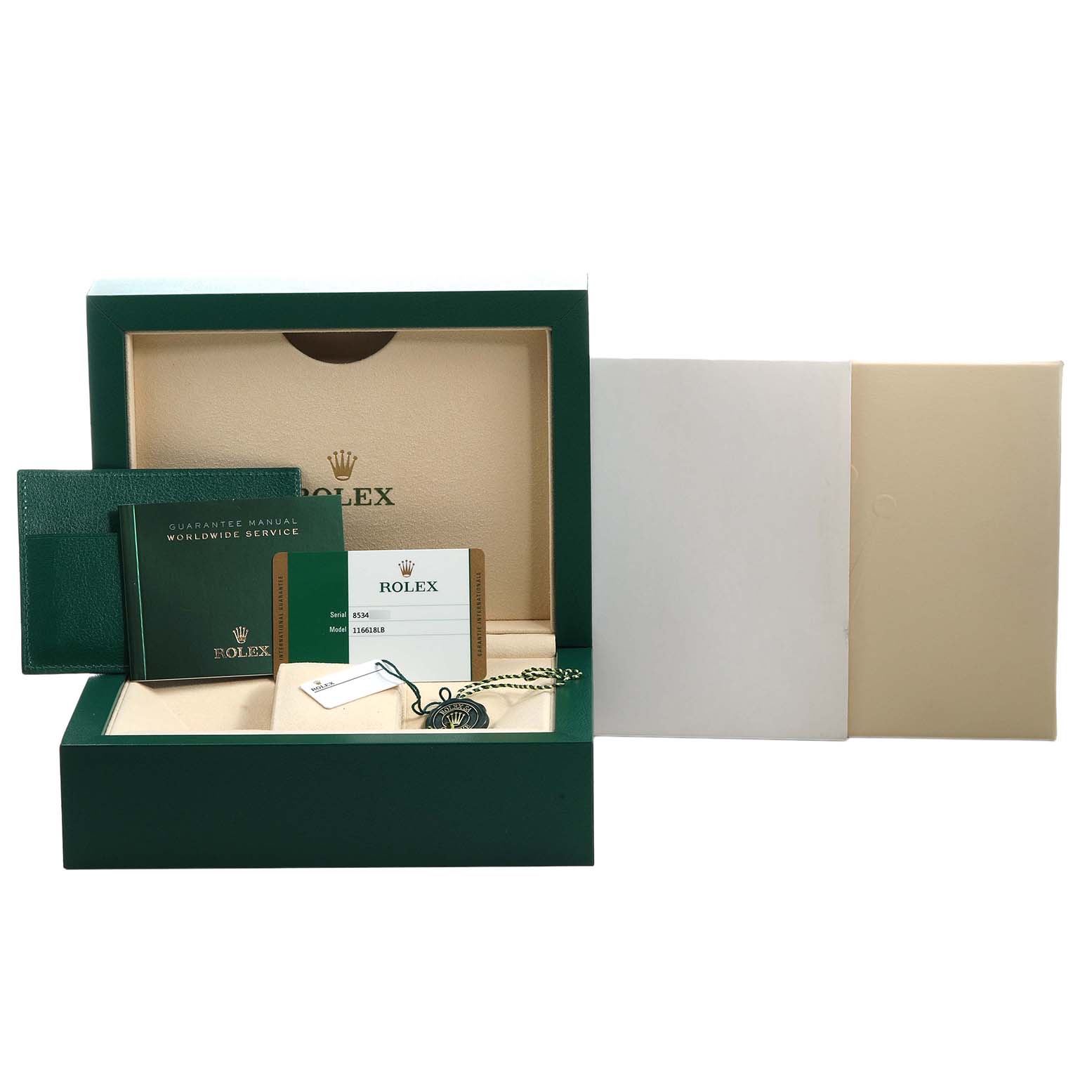 The image shows a Rolex Submariner 116618 Men's Yellow Gold Blue Dial watch box, guarantee manual, identification card, and accessories from a frontal angle.