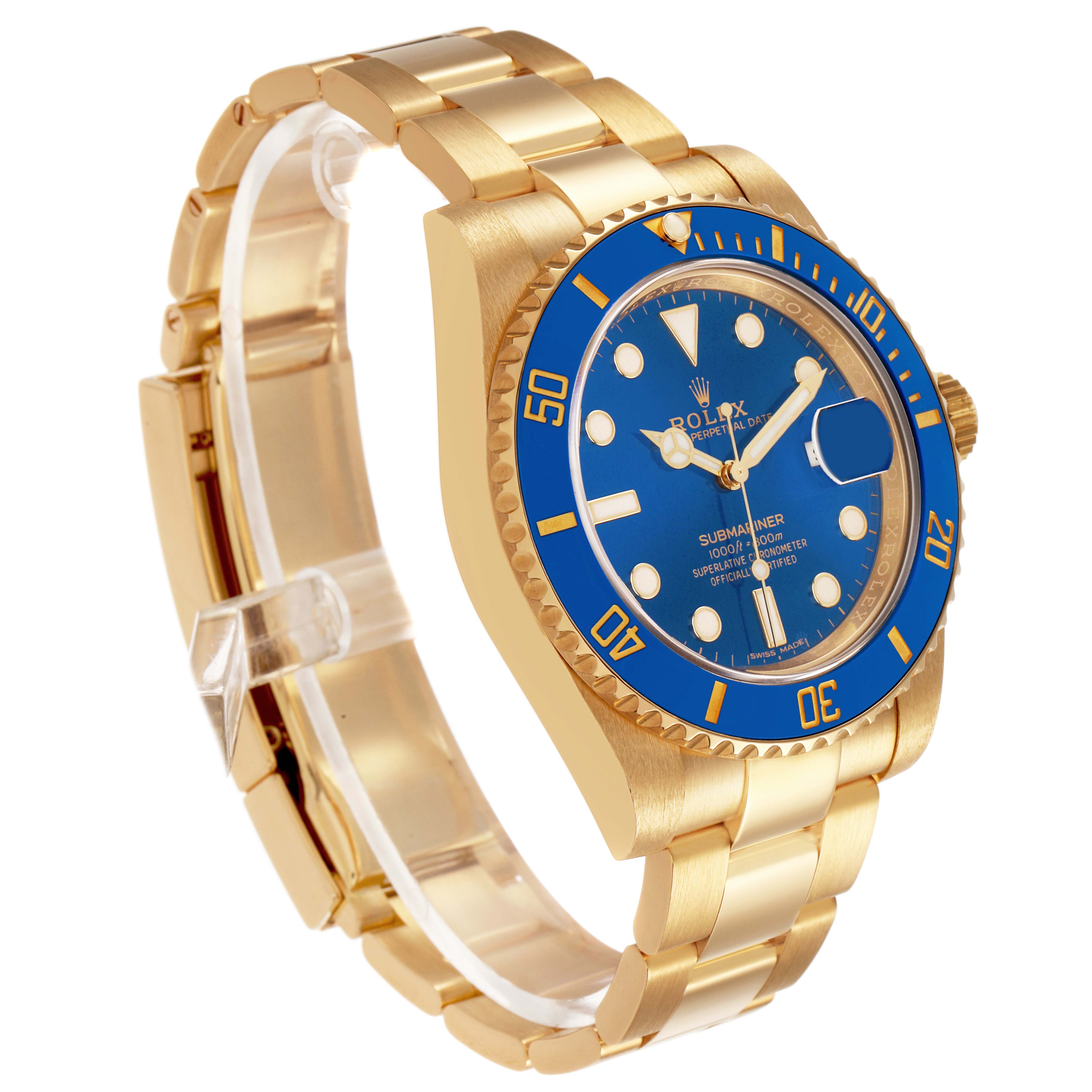 The Rolex Submariner 116618 Men's Yellow Gold Blue Dial watch is shown from a three-quarter angle, highlighting the blue bezel, dial, and gold bracelet.