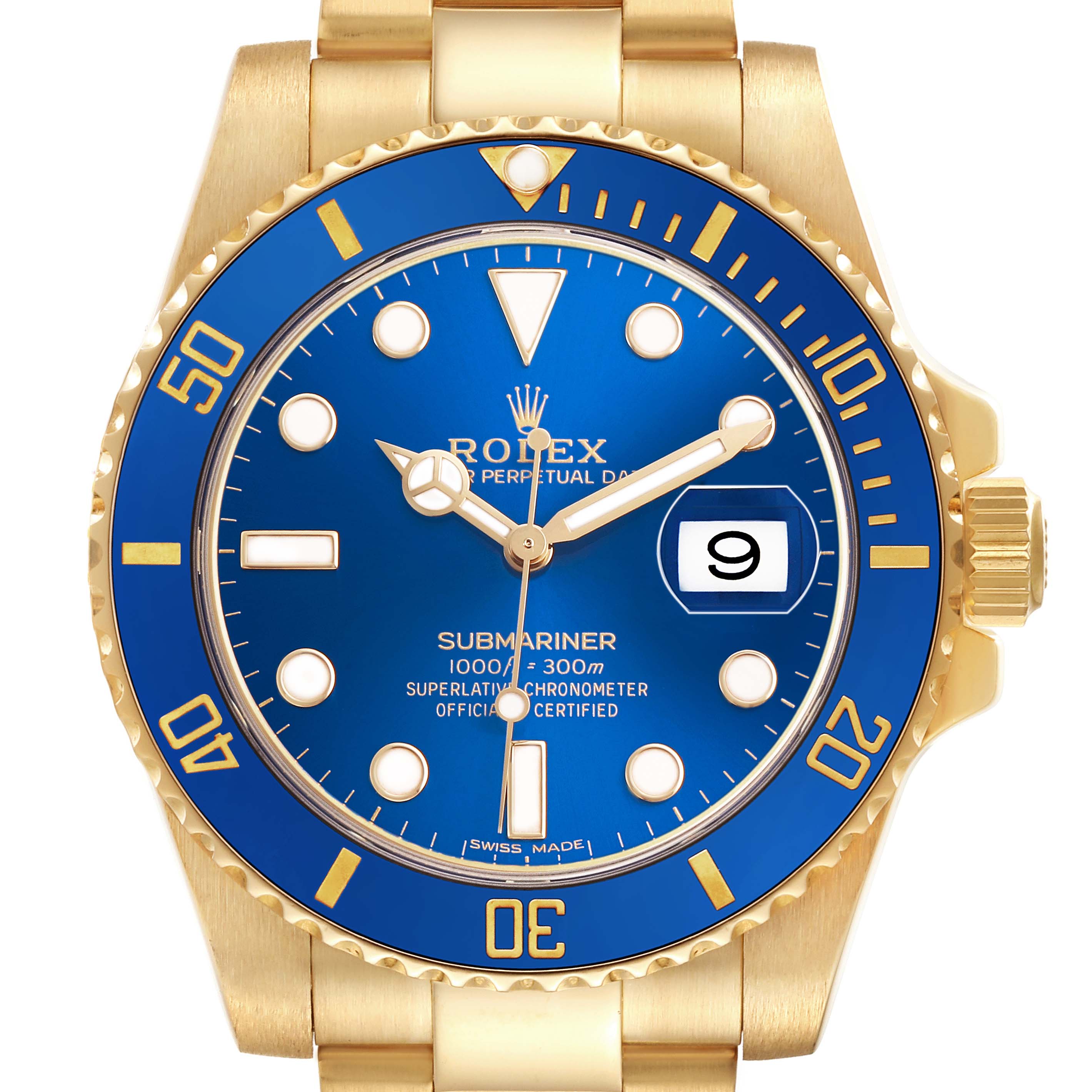 The Rolex Submariner 116618 Men's Yellow Gold Blue Dial watch is shown from a front angle, highlighting the blue dial, markers, and gold casing.