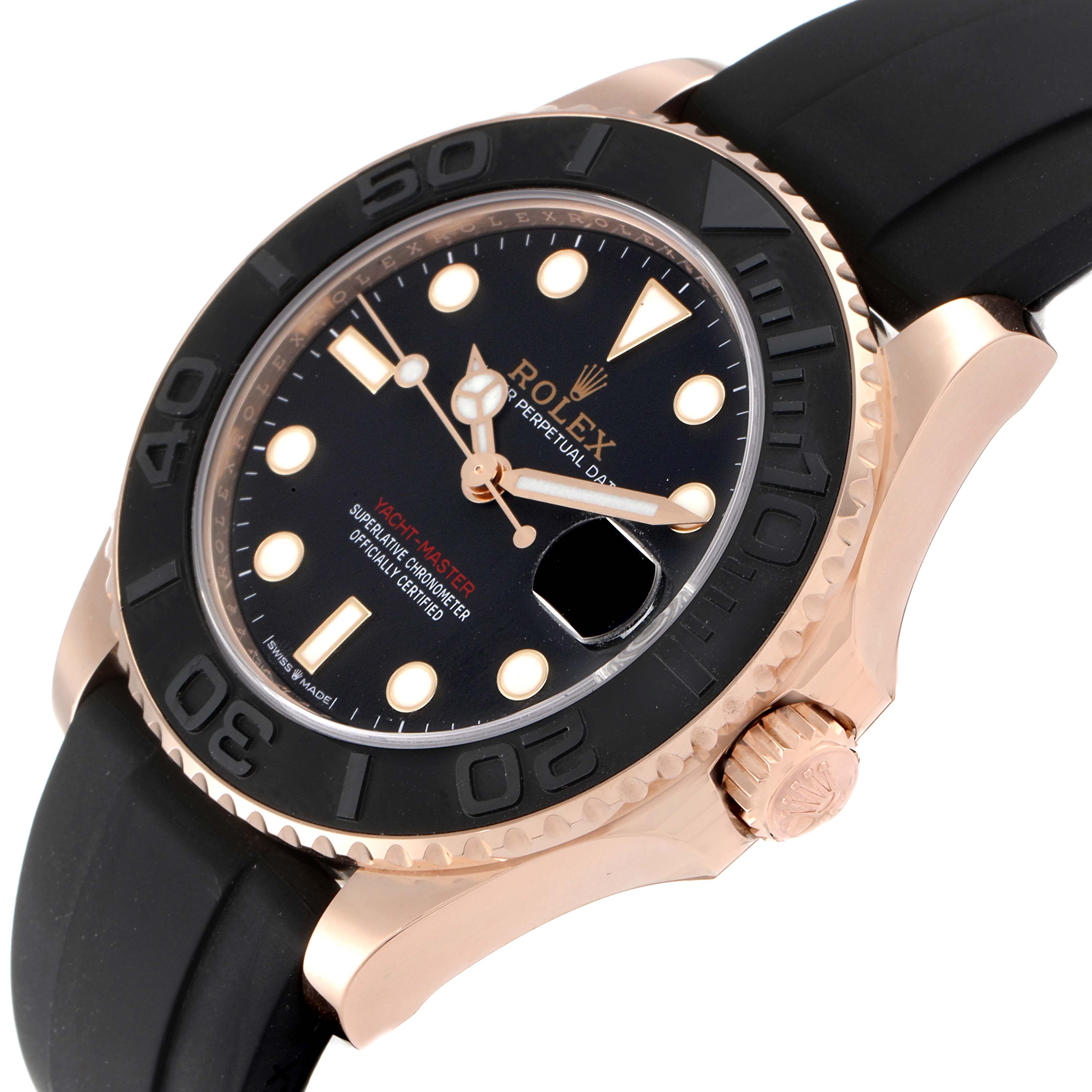 The Rolex Yacht-Master 268655 Men's Rose Gold Black Dial 268655 Men's Rose Gold Black Dial watch is shown from a front angle focusing on the dial, bezel, case, and part of the strap.