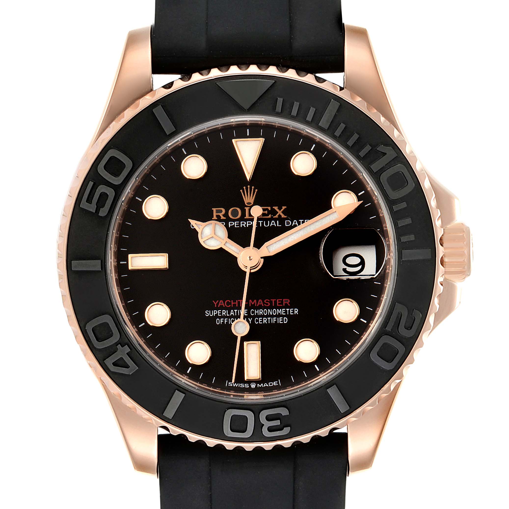 The image shows a front view of the Rolex Yacht-Master 268655 Men's Rose Gold Black Dial 268655 Men's Rose Gold Black Dial watch, featuring its dial, bezel, hands, date window, and strap.
