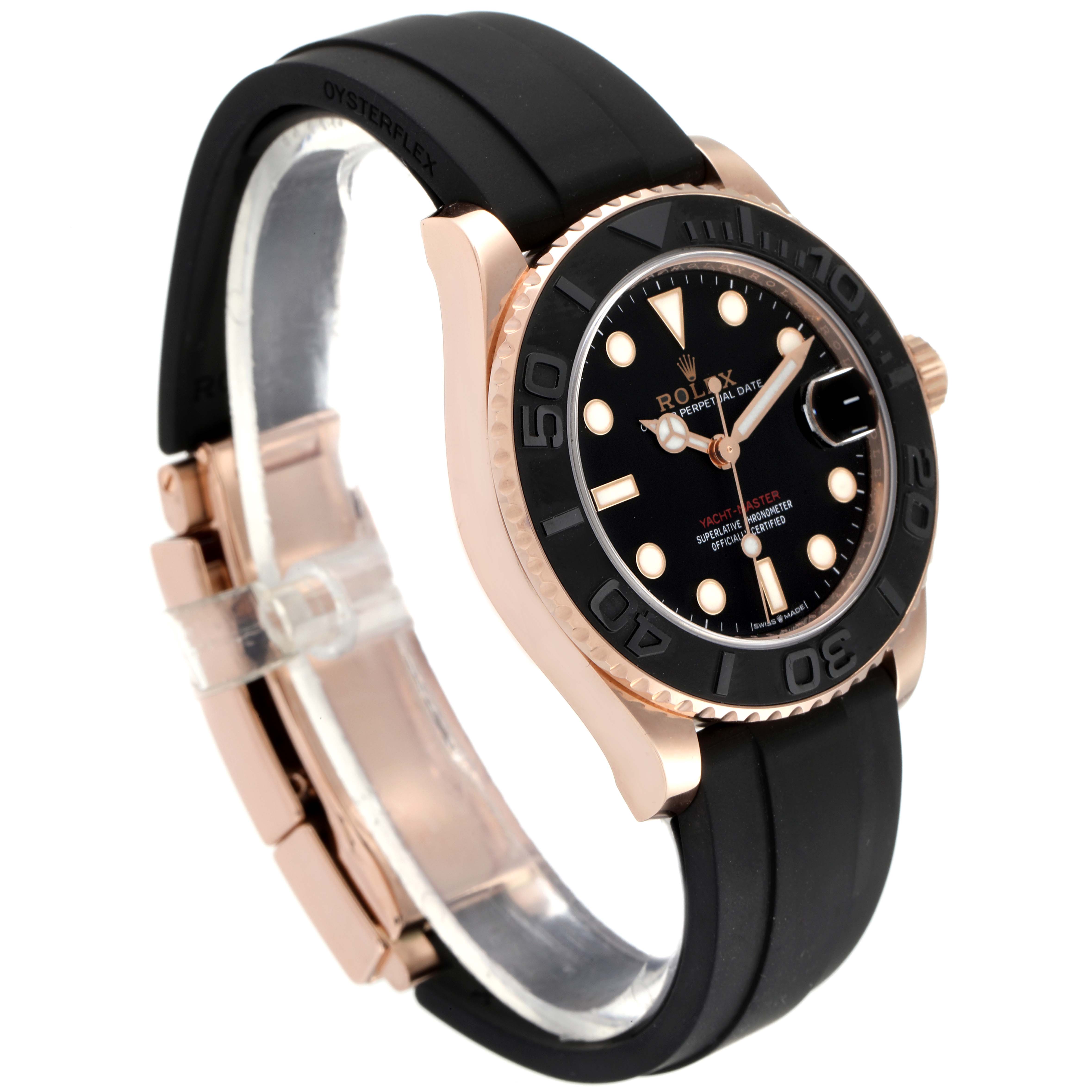 The image shows a side and angled view of the Rolex Yacht-Master 268655 Men's Rose Gold Black Dial 268655 Men's Rose Gold Black Dial watch with its case, bezel, dial, and rubber strap visible.
