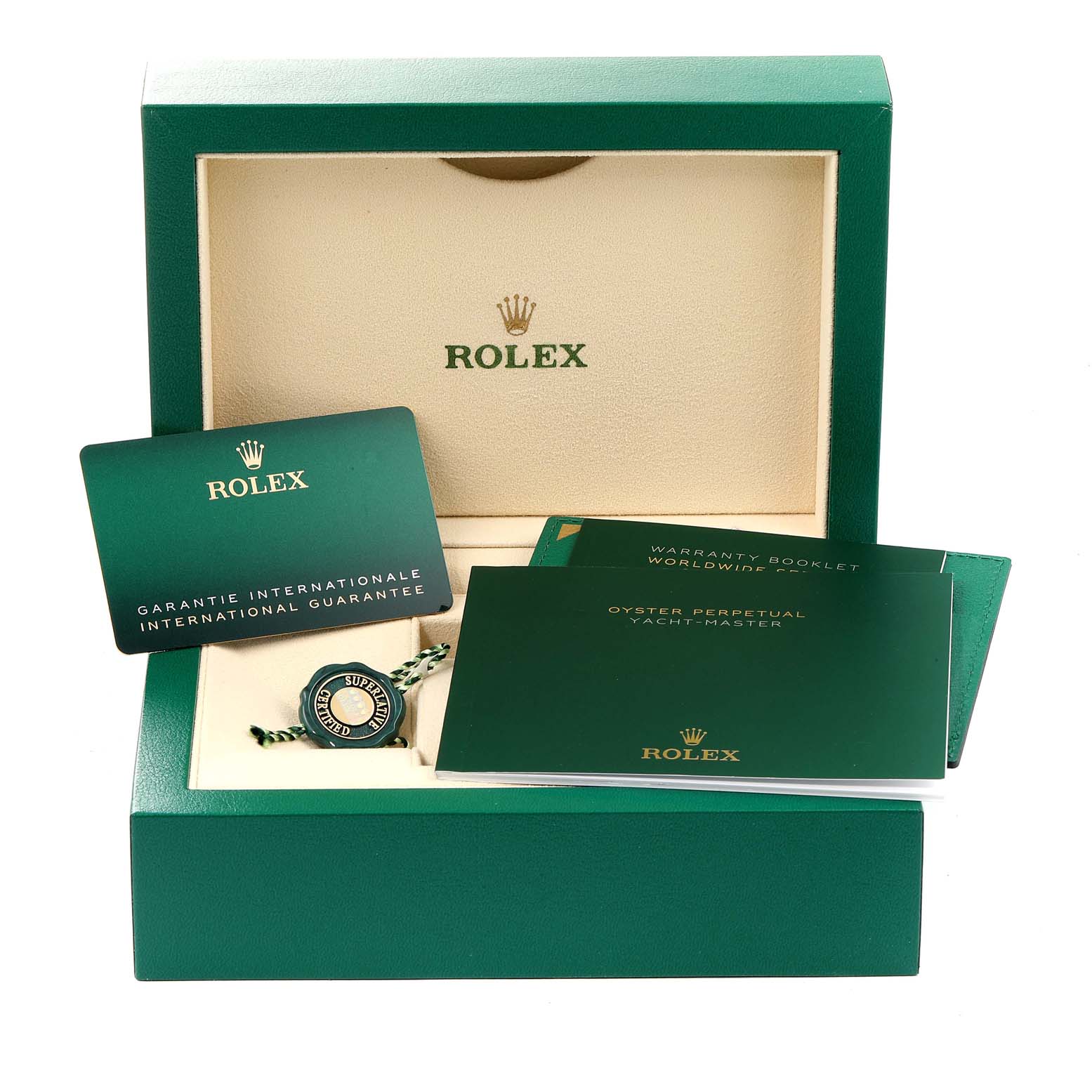 The image shows the Rolex Yacht-Master 268655 Men's Rose Gold Black Dial 268655 Men's Rose Gold Black Dial watch box, international guarantee card, warranty booklet, and other documentation.