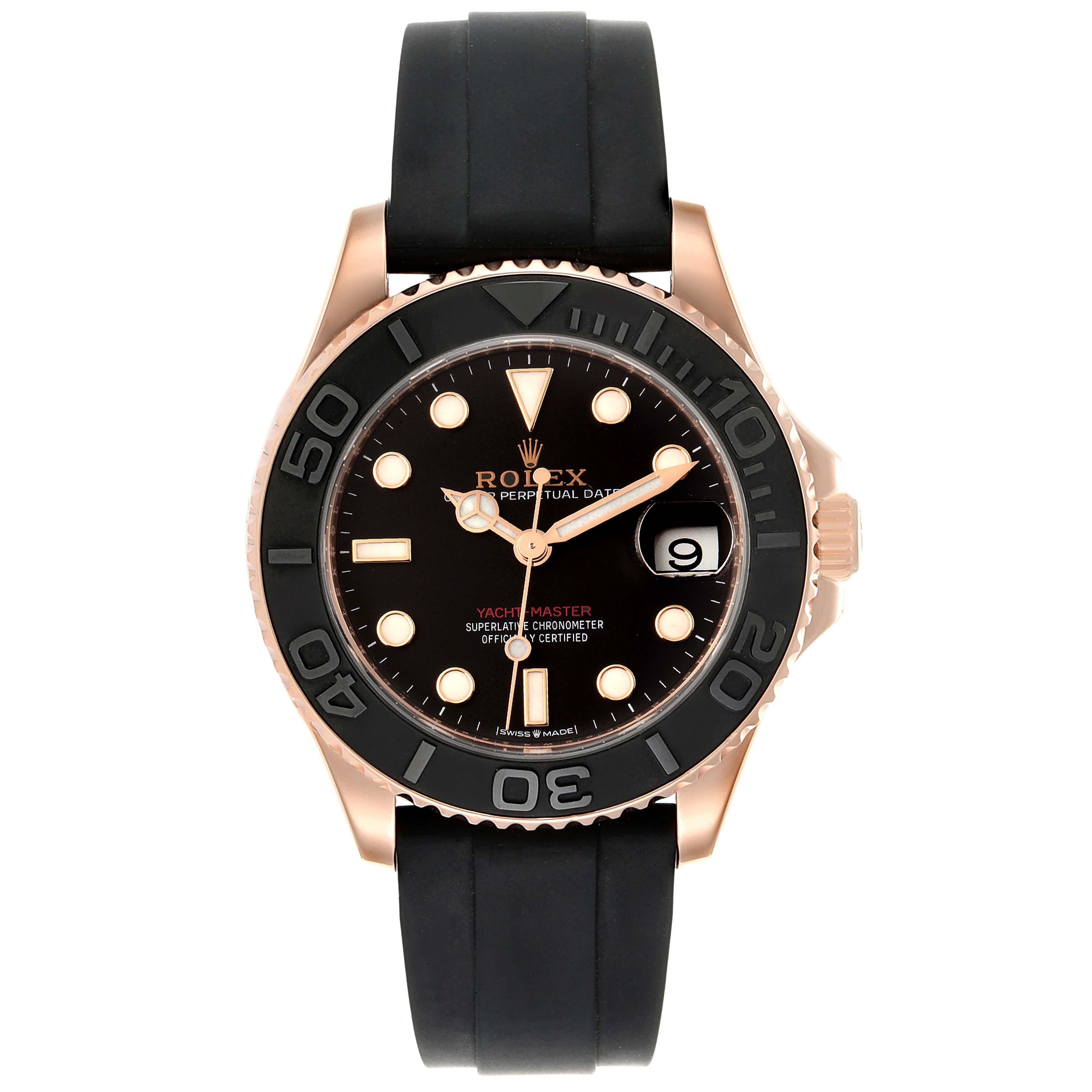 The Rolex Yacht-Master 268655 Men's Rose Gold Black Dial 268655 Men's Rose Gold Black Dial watch is shown from the front, displaying the face, bezel, and strap.