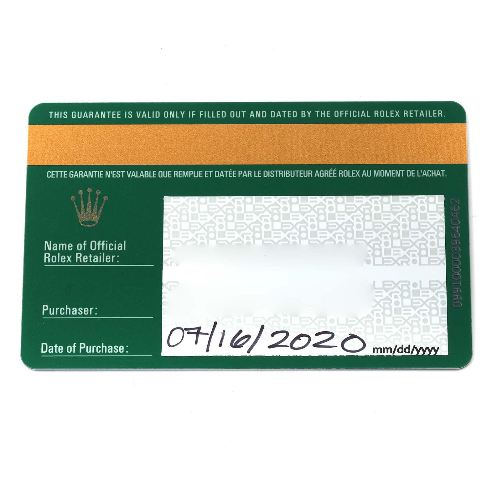 The image shows a Rolex warranty card for a Yacht-Master model, displaying purchase details and official retailer info.