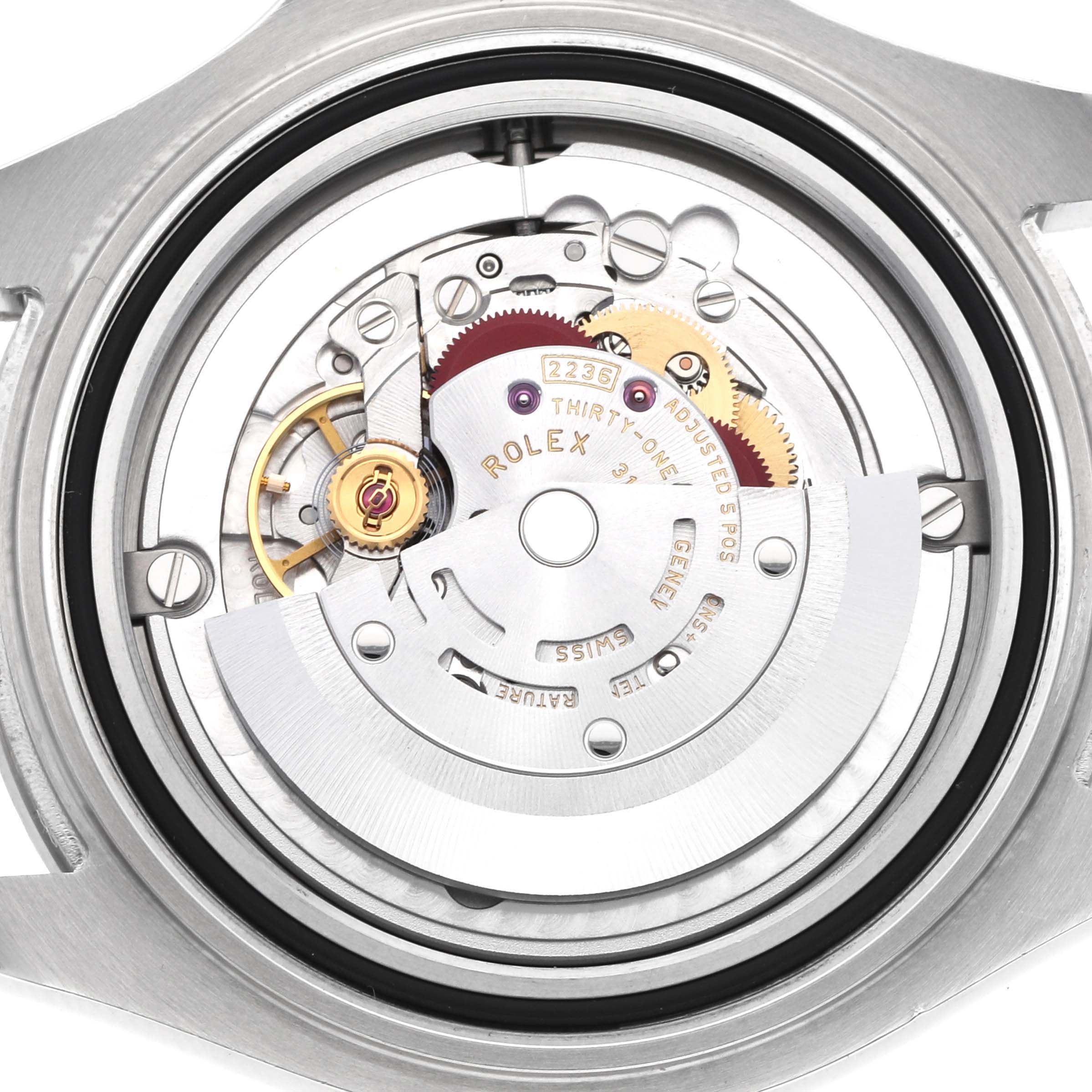 The image shows the movement of a Rolex Yacht-Master 268622 Men
s Stainless Steel Silver Dial watch, highlighting its intricate gears and rotor from a top-down angle.