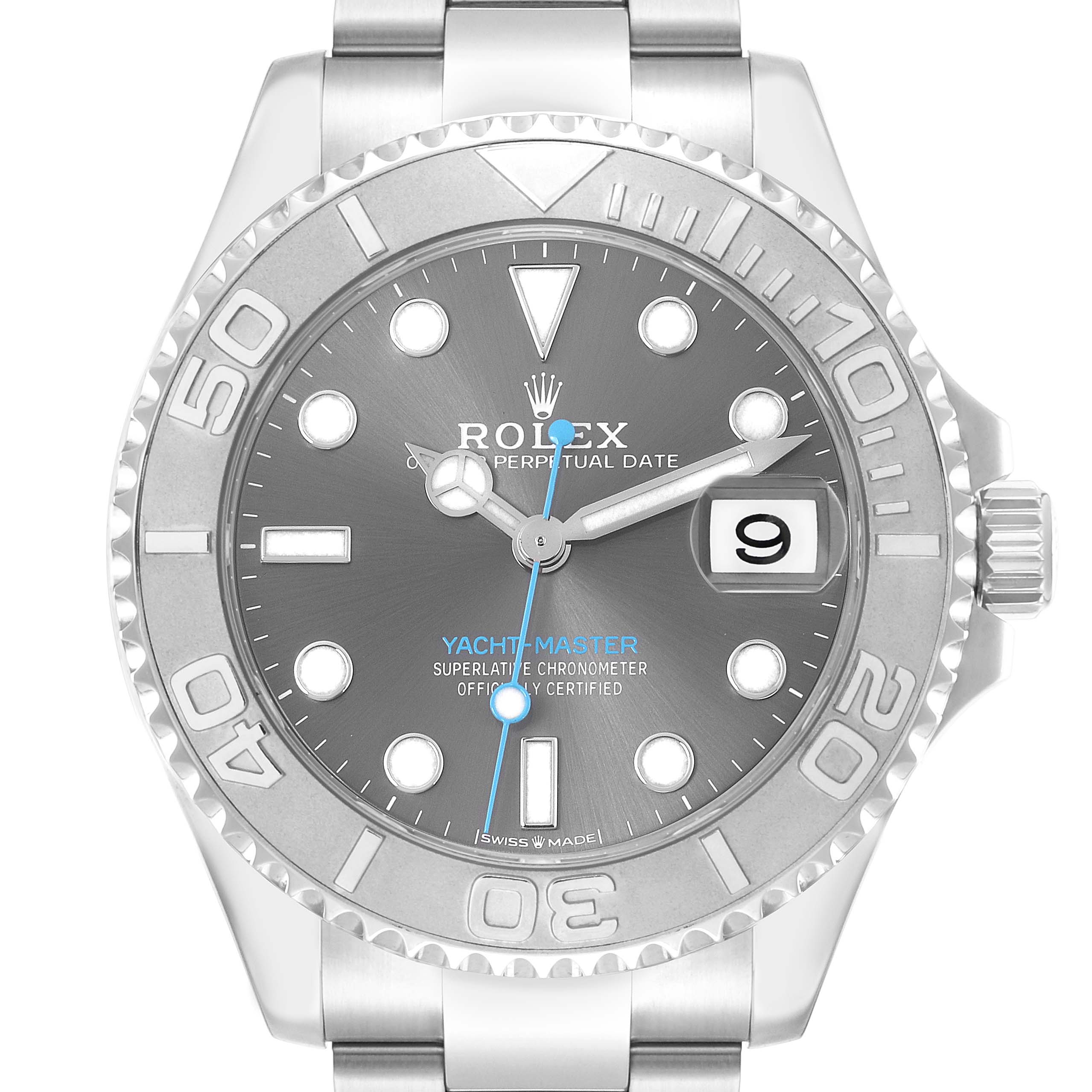 The Rolex Yacht-Master 268622 Men
s Stainless Steel Silver Dial watch is shown from a front angle, highlighting its dial, bezel, hands, and date display.