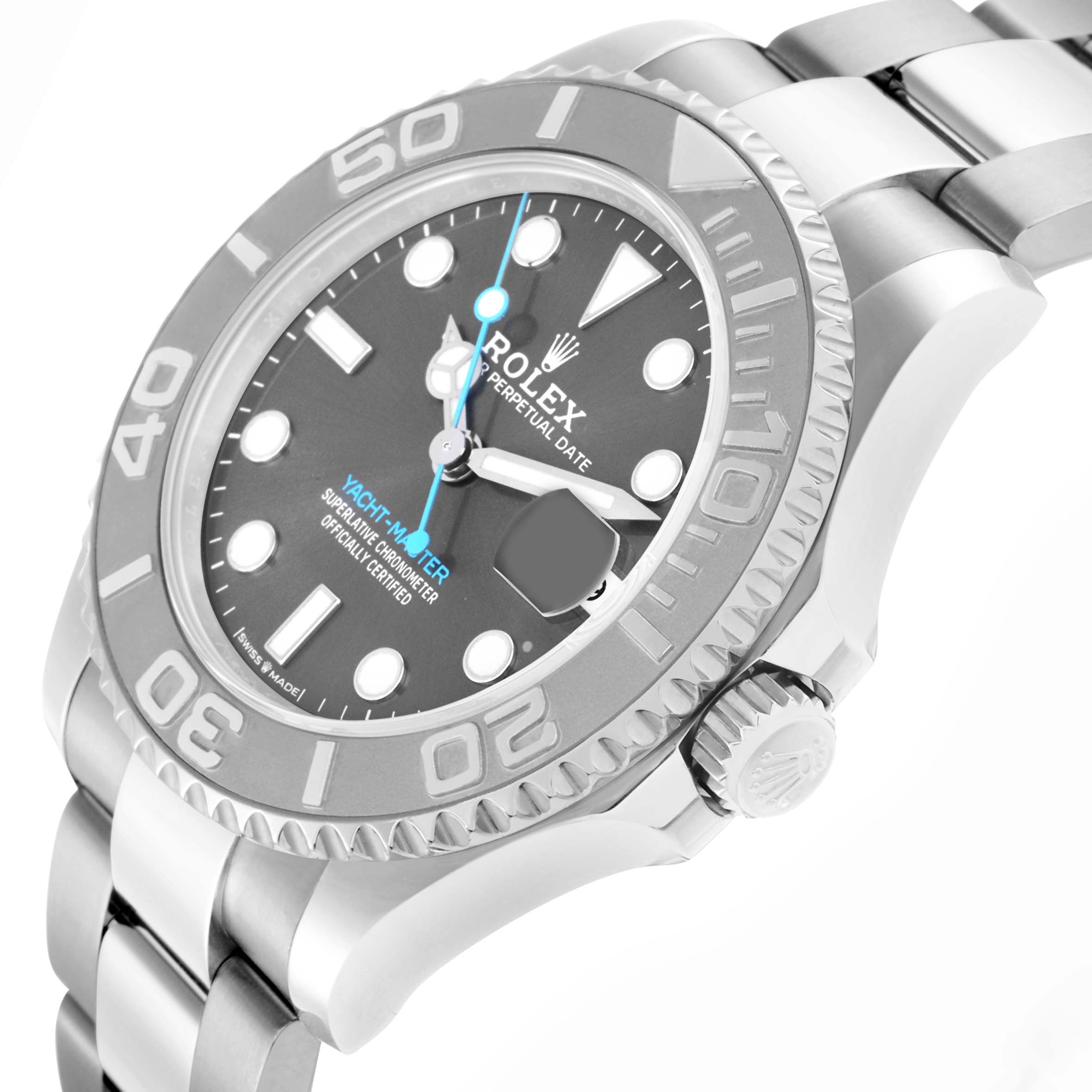 The Rolex Yacht-Master 268622 Men
s Stainless Steel Silver Dial watch is shown at an angled side view, displaying the bezel, crown, dial, and part of the bracelet.