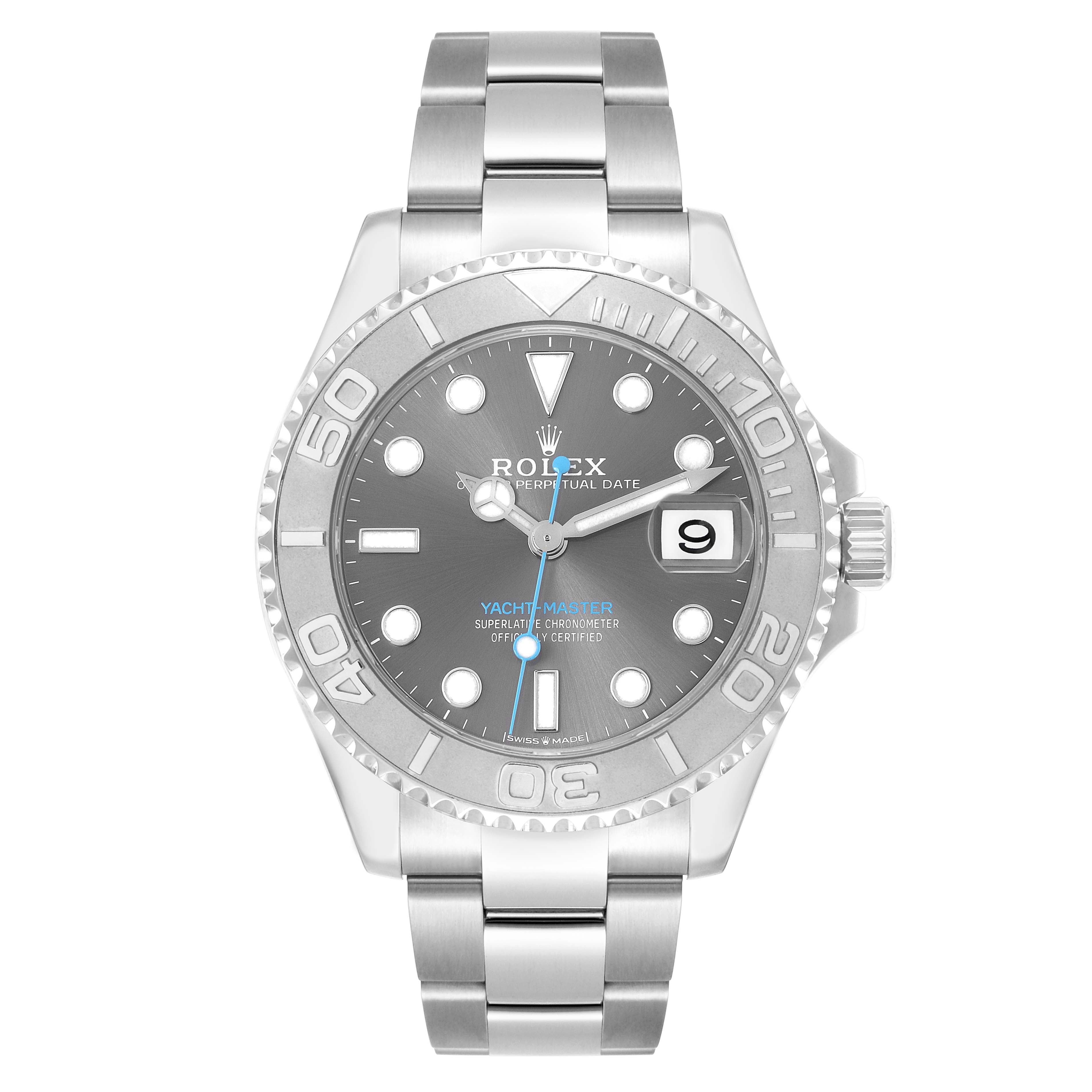The Rolex Yacht-Master 268622 Men
s Stainless Steel Silver Dial watch is shown from the front, highlighting the dial, bezel, bracelet, and date window.