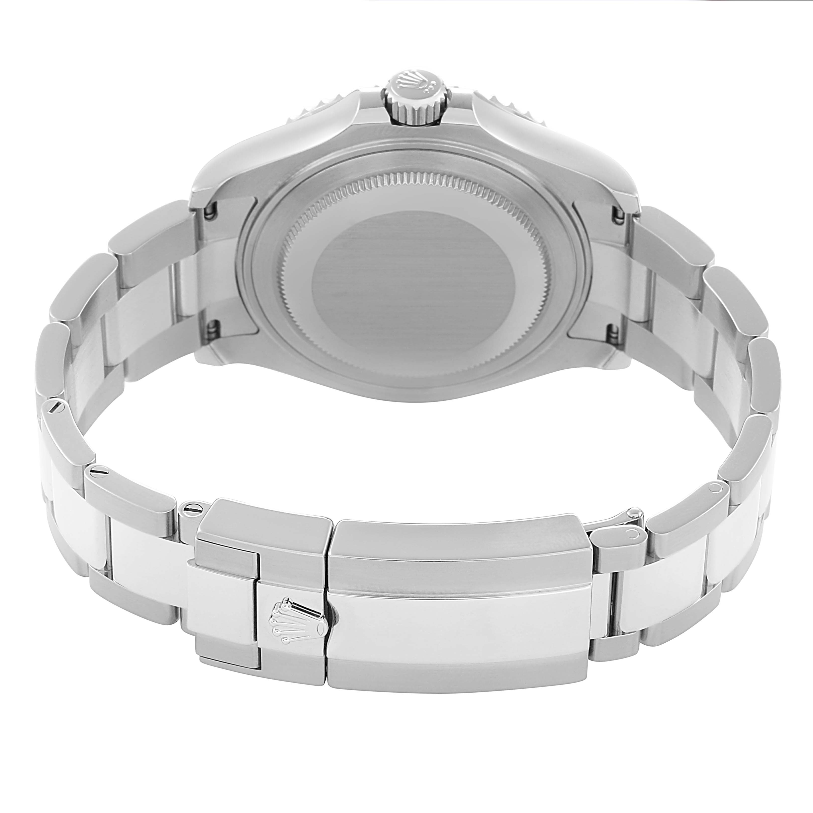 This image shows the Rolex Yacht-Master 268622 Men
s Stainless Steel Silver Dial
s back casing and stainless steel bracelet from a rear angle, highlighting the clasp and links.