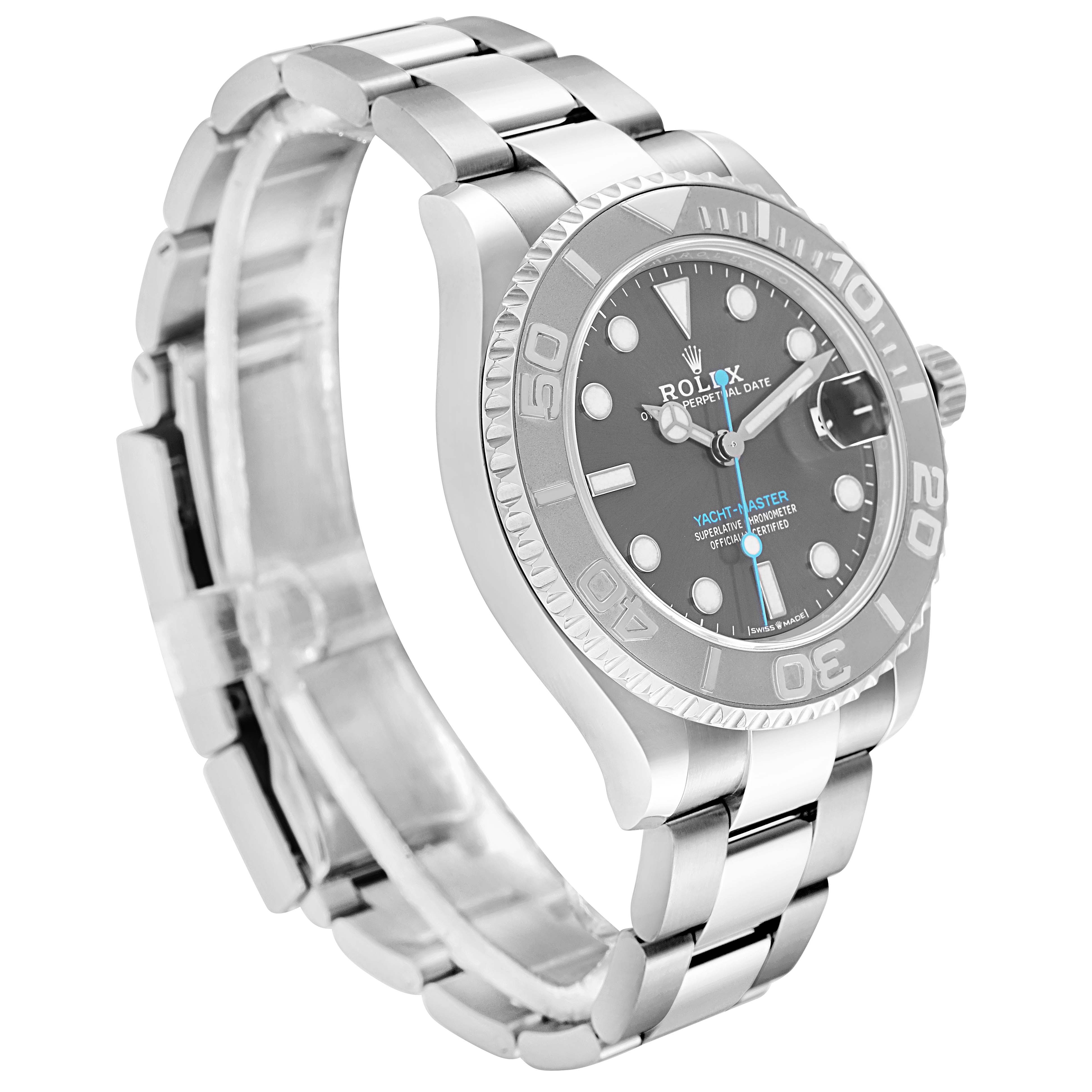 The Rolex Yacht-Master 268622 Men
s Stainless Steel Silver Dial watch is shown at a three-quarter view, displaying the face, bezel, and part of the bracelet.
