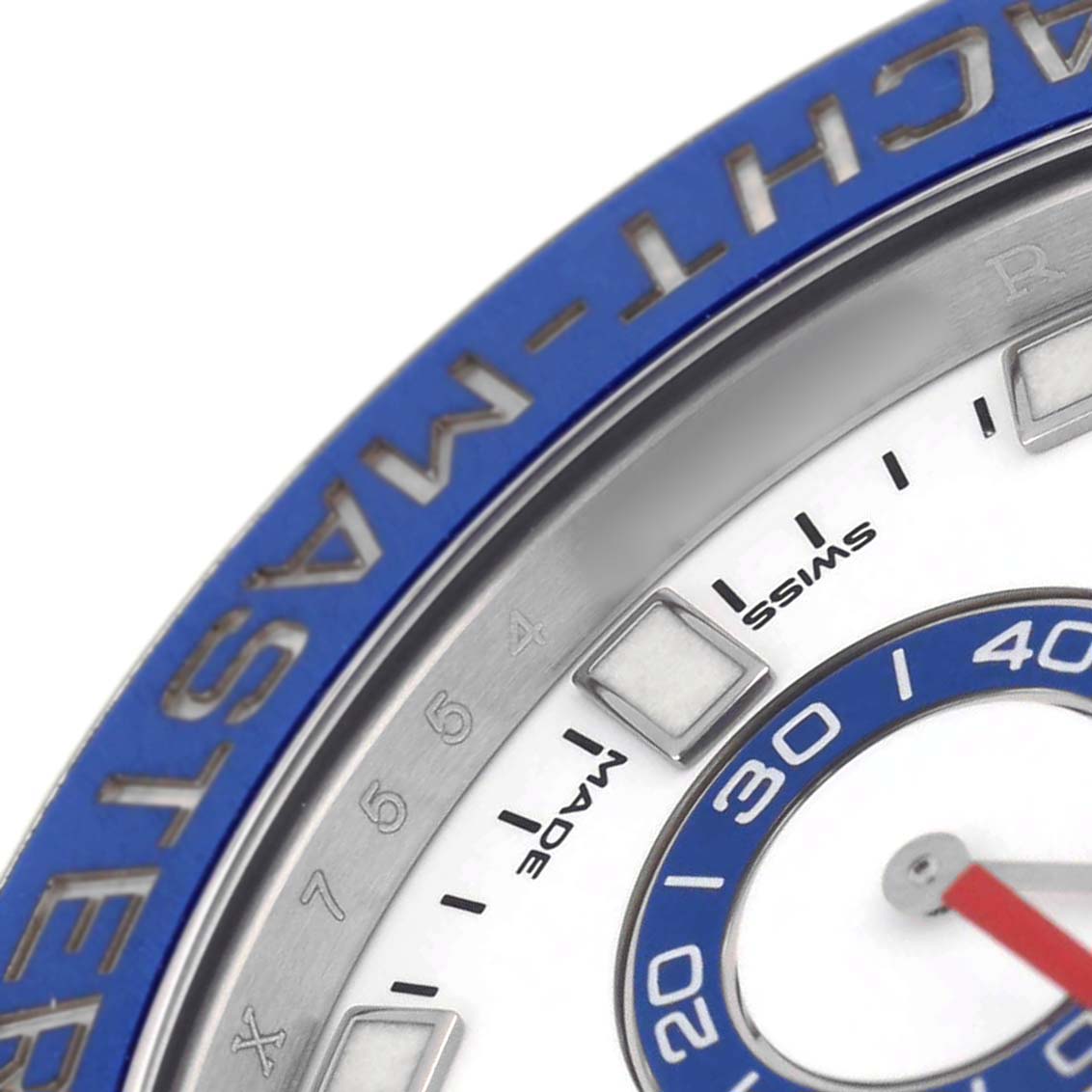 The image shows a close-up of the bezel and dial of the Rolex Yacht-Master 116680 Men's Stainless Steel White Dial, highlighting the blue bezel and part of the dial.