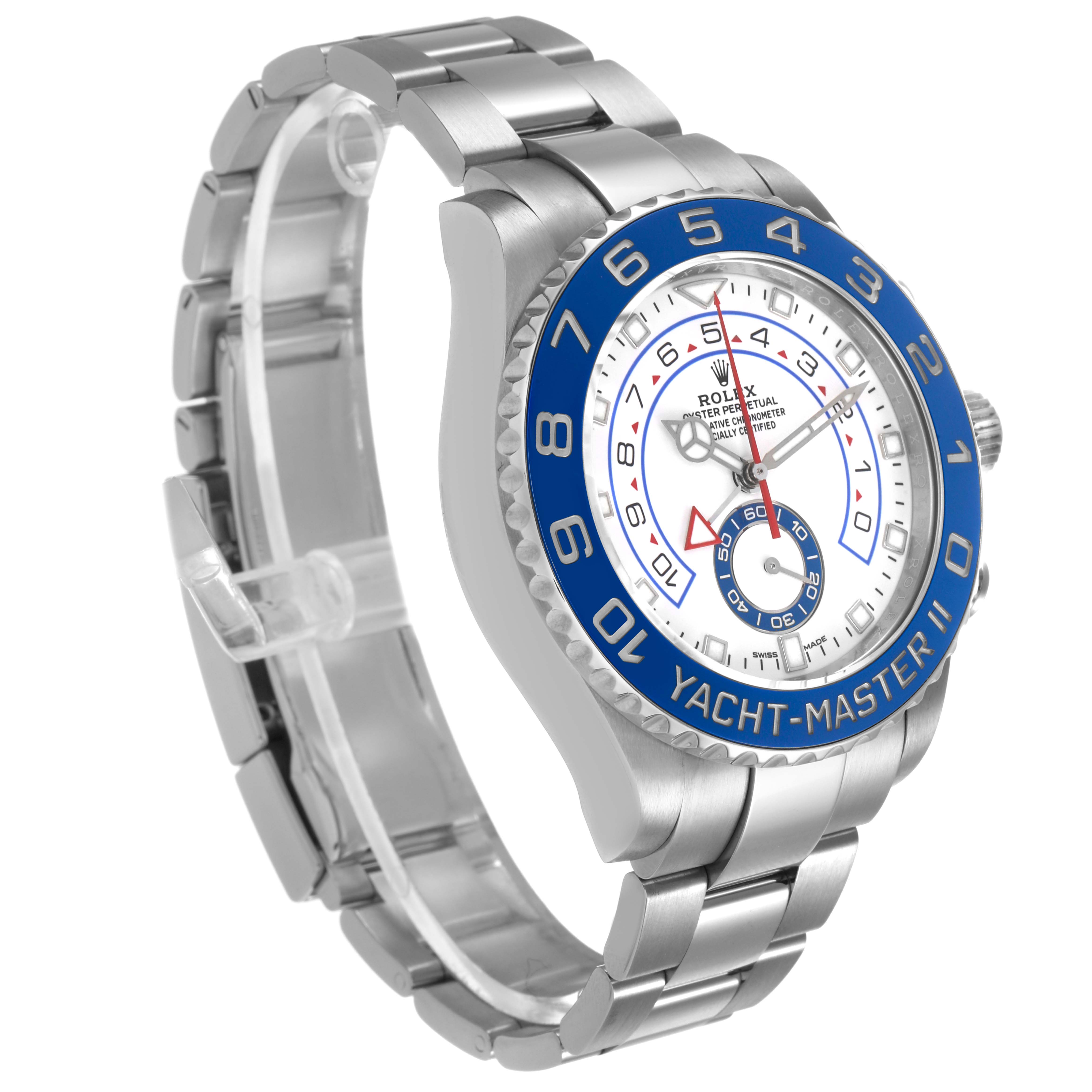 The Rolex Yacht-Master 116680 Men's Stainless Steel White Dial watch is shown at a three-quarter angle, displaying the face, bezel, and bracelet.
