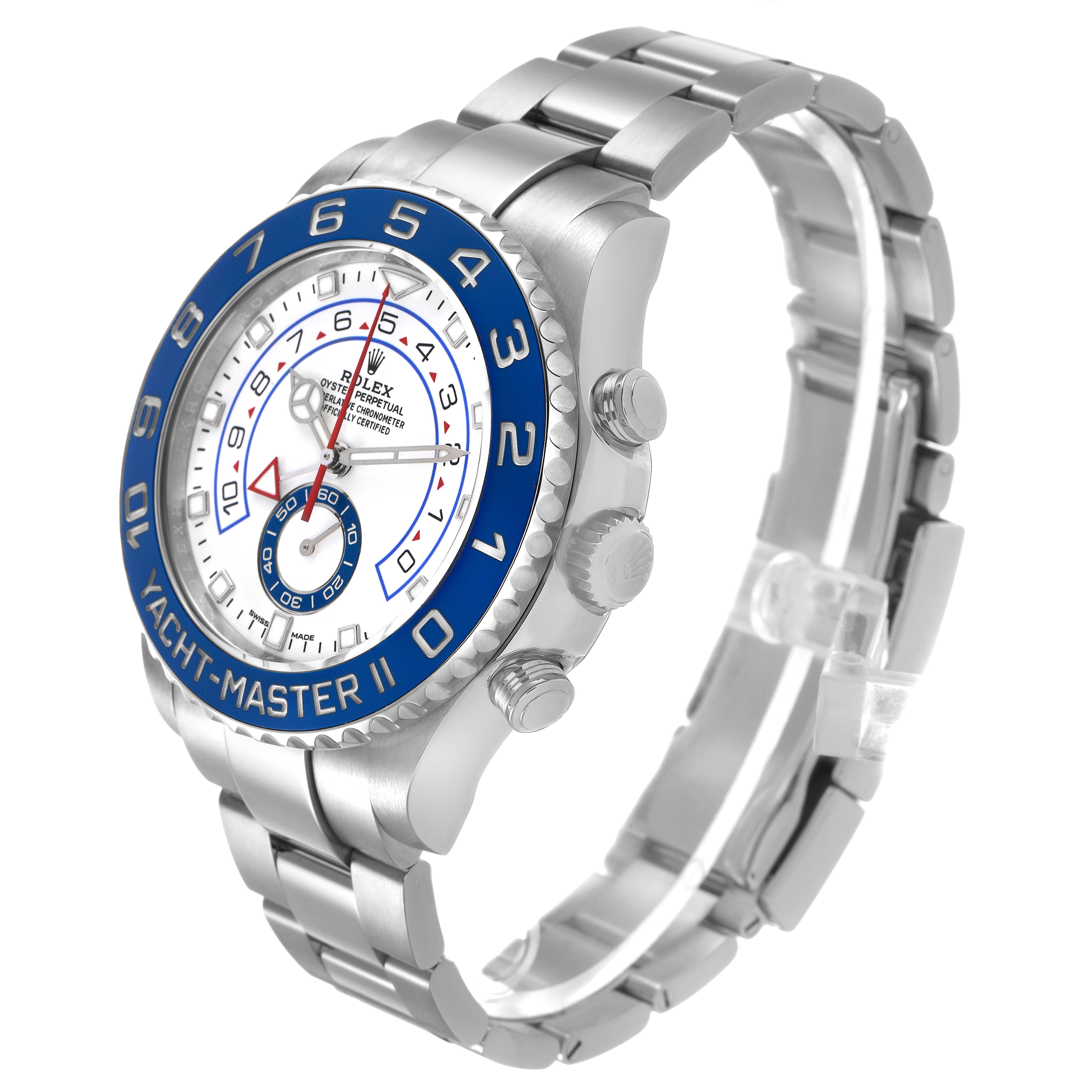 The image shows a Rolex Yacht-Master 116680 Men's Stainless Steel White Dial II watch at a three-quarter angle, highlighting the dial, bezel, crown, and bracelet.