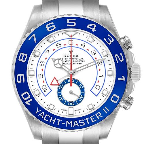 The Rolex Yacht-Master 116680 Men's Stainless Steel White Dial watch is shown from the front, featuring a blue bezel, white dial, and metal bracelet.