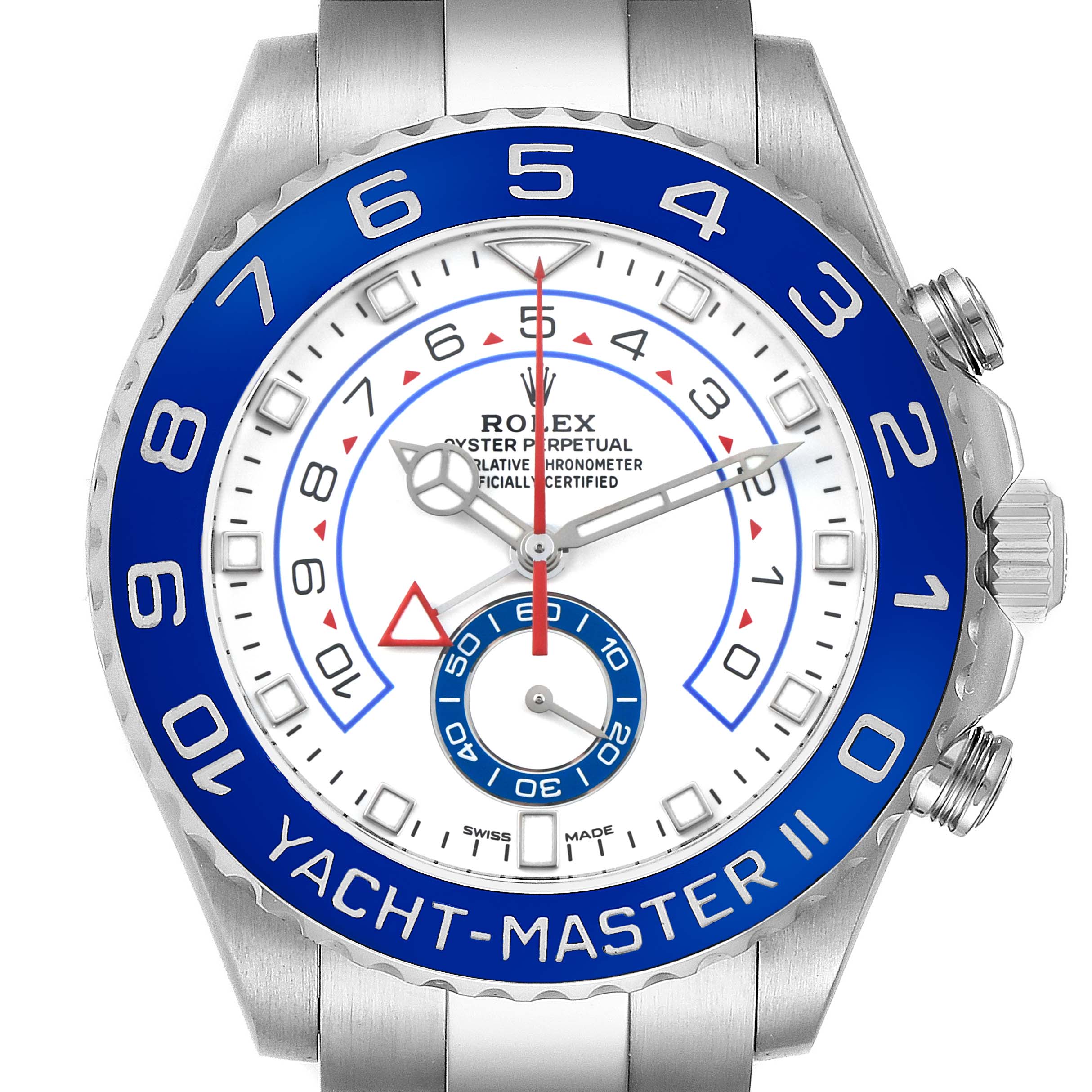 The Rolex Yacht-Master 116680 Men's Stainless Steel White Dial watch is shown from a front angle, highlighting the dial, bezel, and crown.