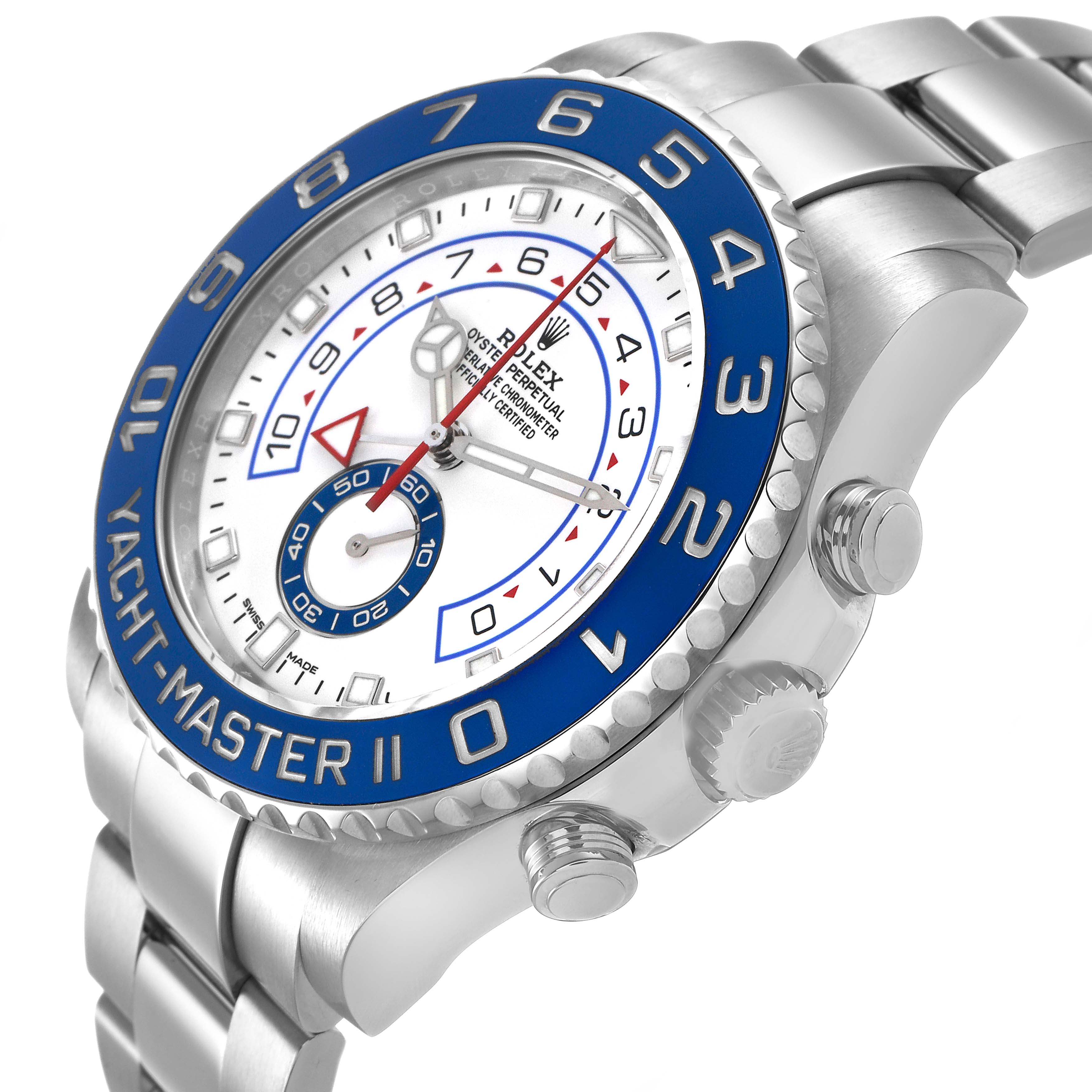 The Rolex Yacht-Master 116680 Men's Stainless Steel White Dial watch is shown at an angle highlighting its face, bezel, crown, and part of the bracelet.