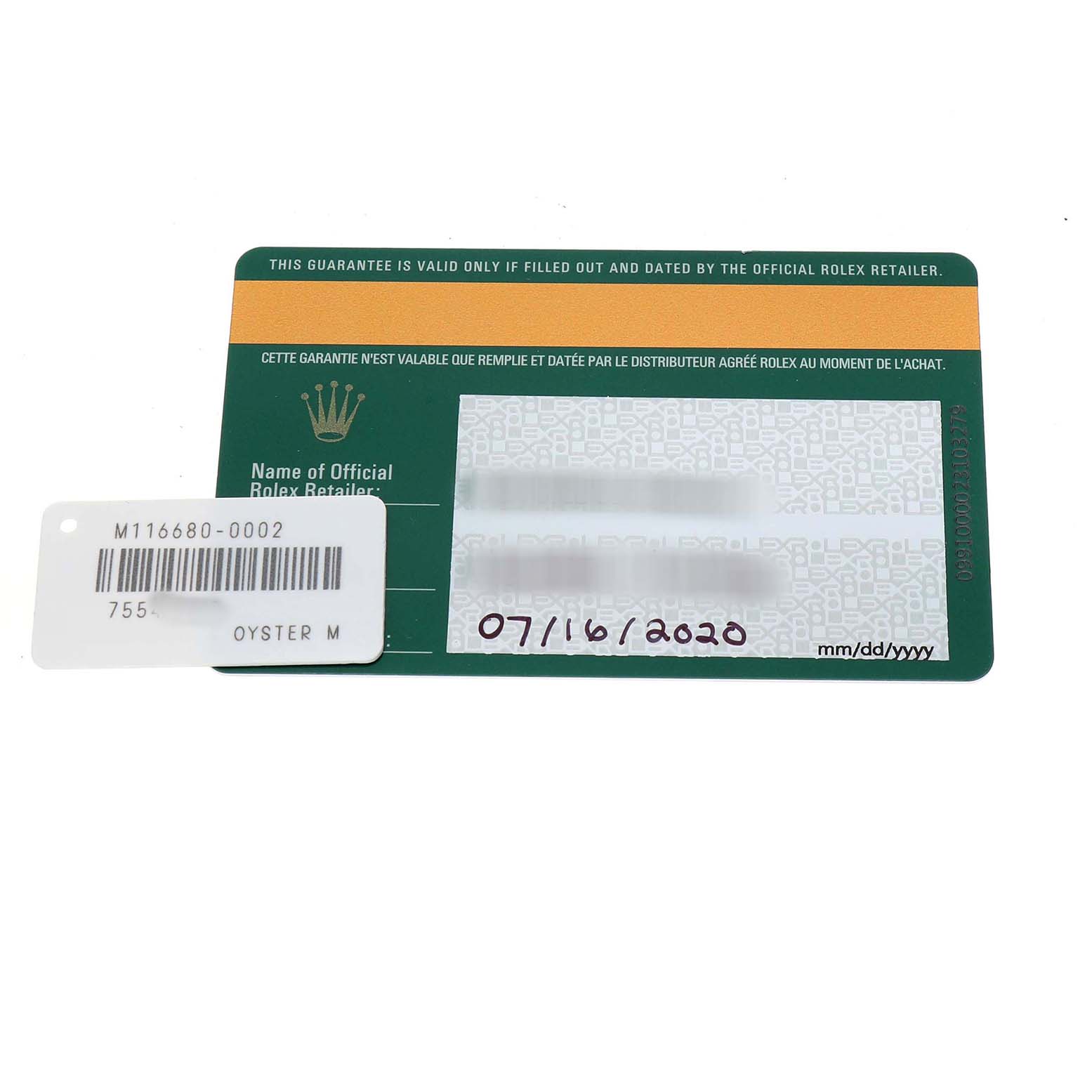 The image shows the warranty card for the Rolex Yacht-Master 116680 Men's Stainless Steel White Dial model, featuring date and retailer information.
