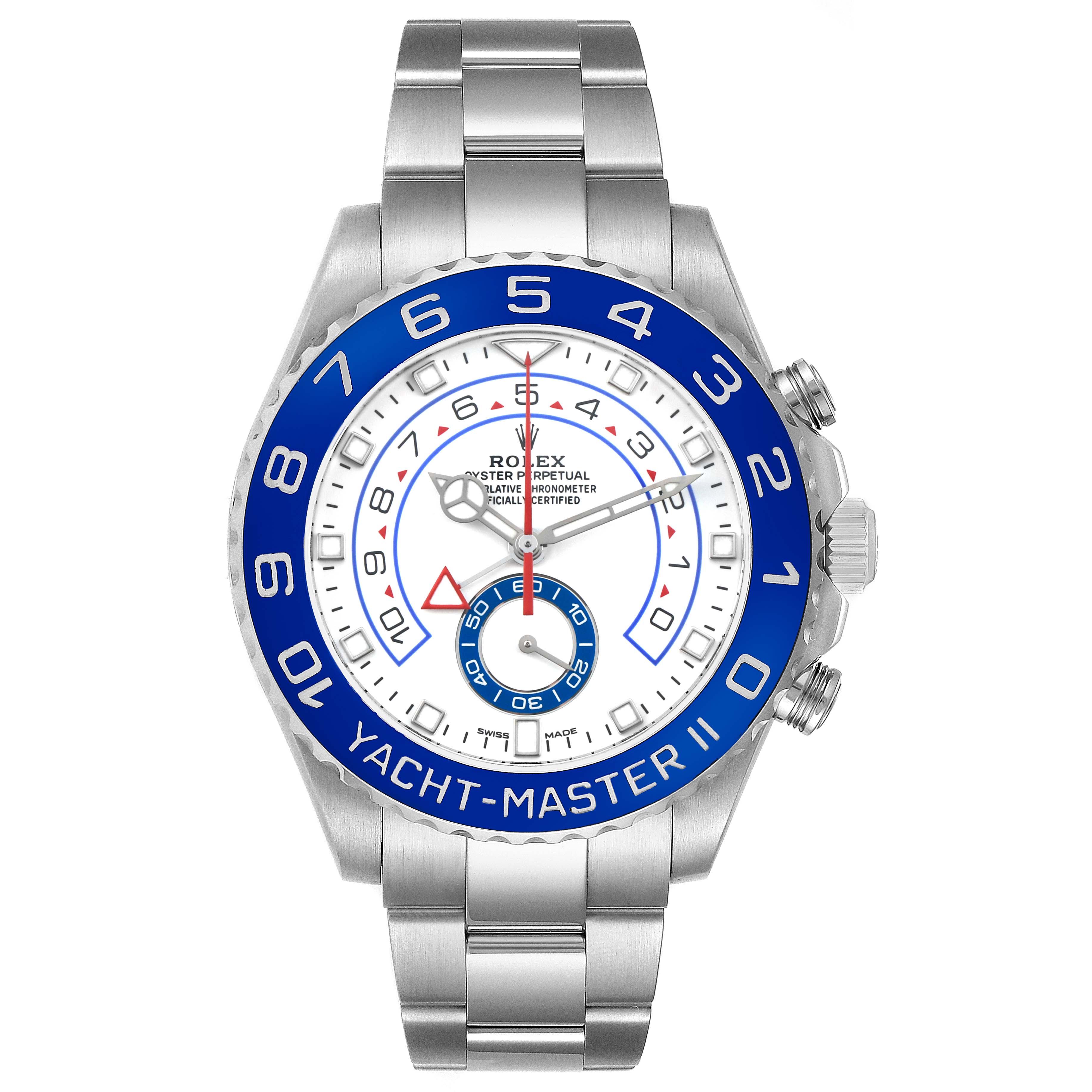 The Rolex Yacht-Master 116680 Men's Stainless Steel White Dial is shown from a front angle, highlighting its blue bezel, white dial, and silver metal bracelet.