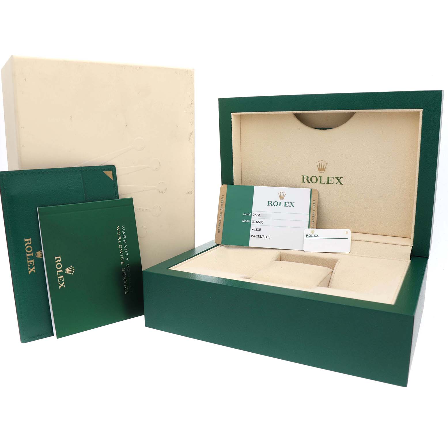 The image shows a Rolex Yacht-Master 116680 Men's Stainless Steel White Dial watch box, warranty card, and accessories from a front angle.