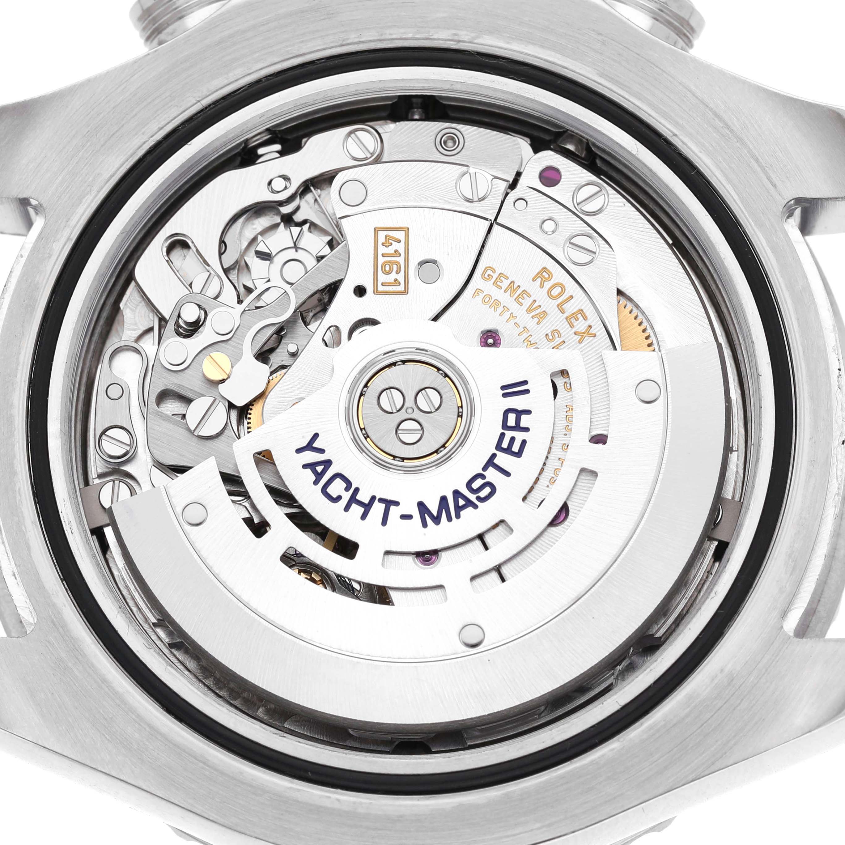 The image shows the movement of the Rolex Yacht-Master 116680 Men's Stainless Steel White Dial watch viewed from the back.