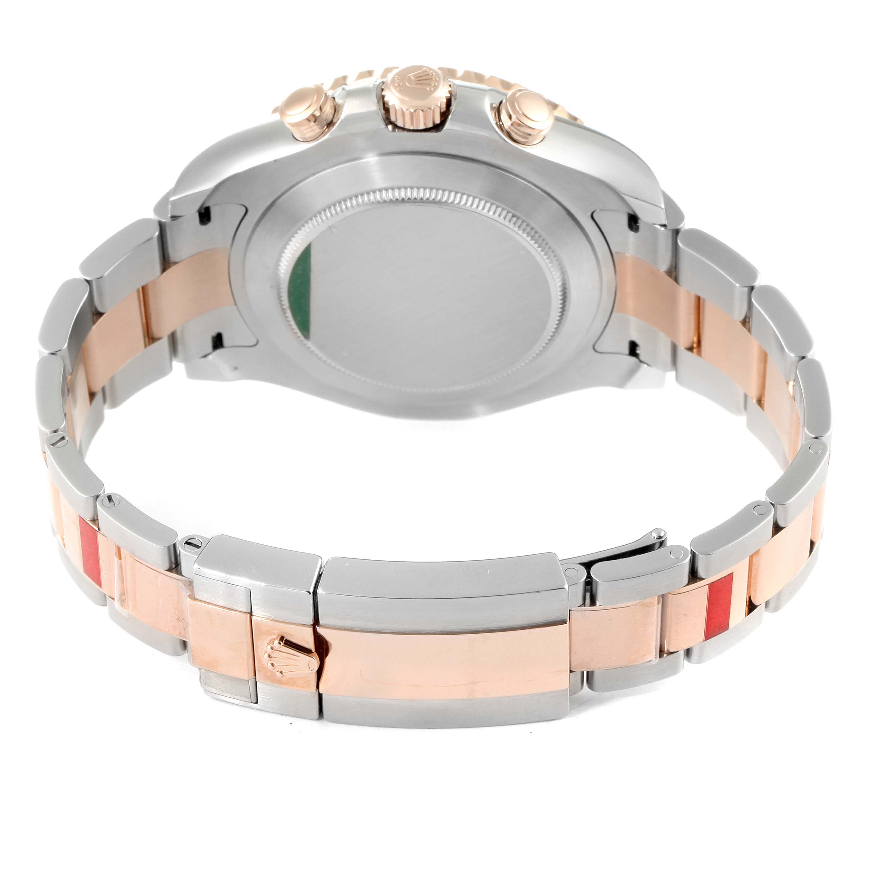 The image shows the back view of a Rolex Yacht-Master 116681 Men's Steel and Gold (two tone) White Dial 116681 Men's Steel and Gold (two tone) White Dial watch, focusing on the clasp, bracelet, and case back.