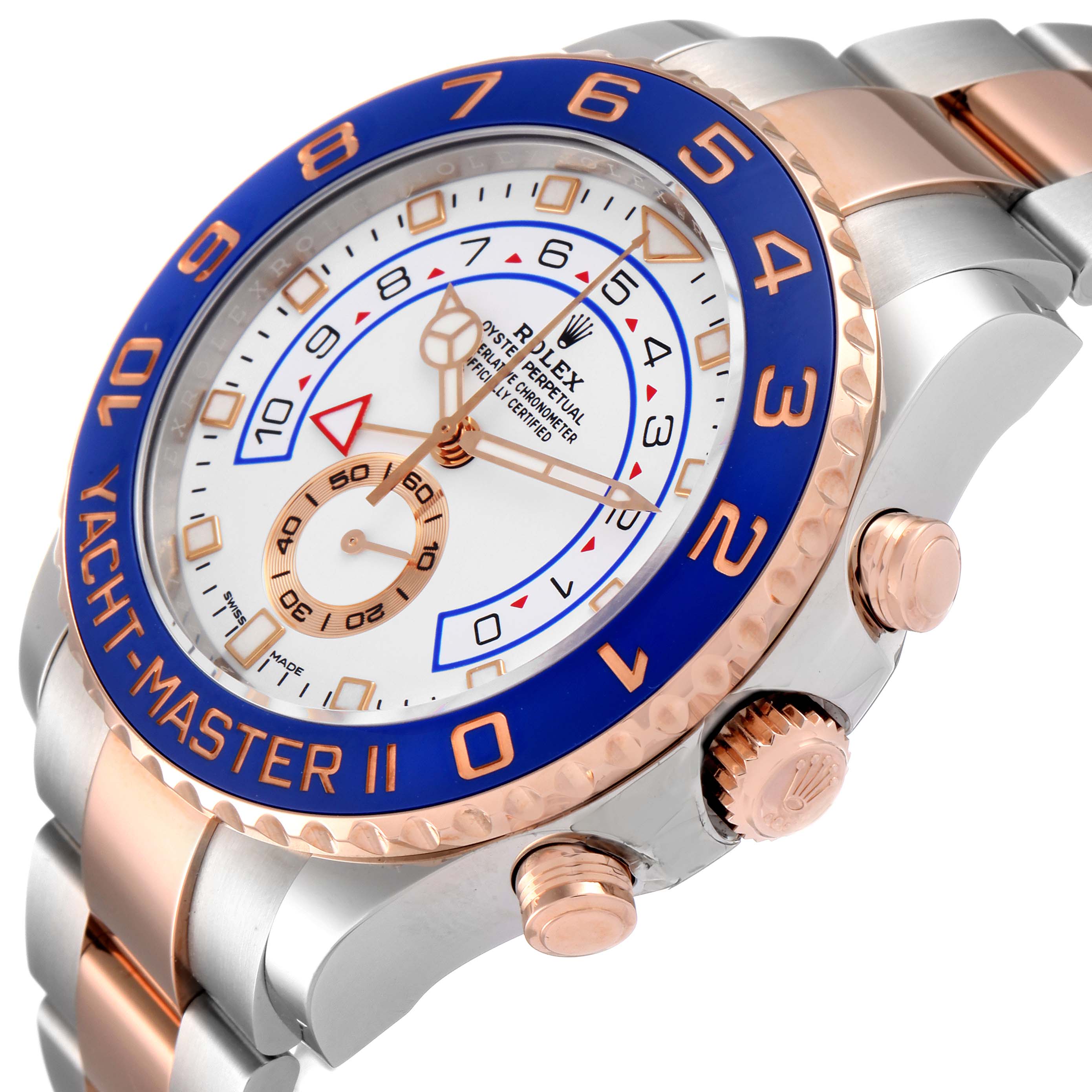 The image shows a close-up side angle of a Rolex Yacht-Master 116681 Men's Steel and Gold (two tone) White Dial 116681 Men's Steel and Gold (two tone) White Dial II watch, highlighting the bezel, face, crown, and part of the bracelet.