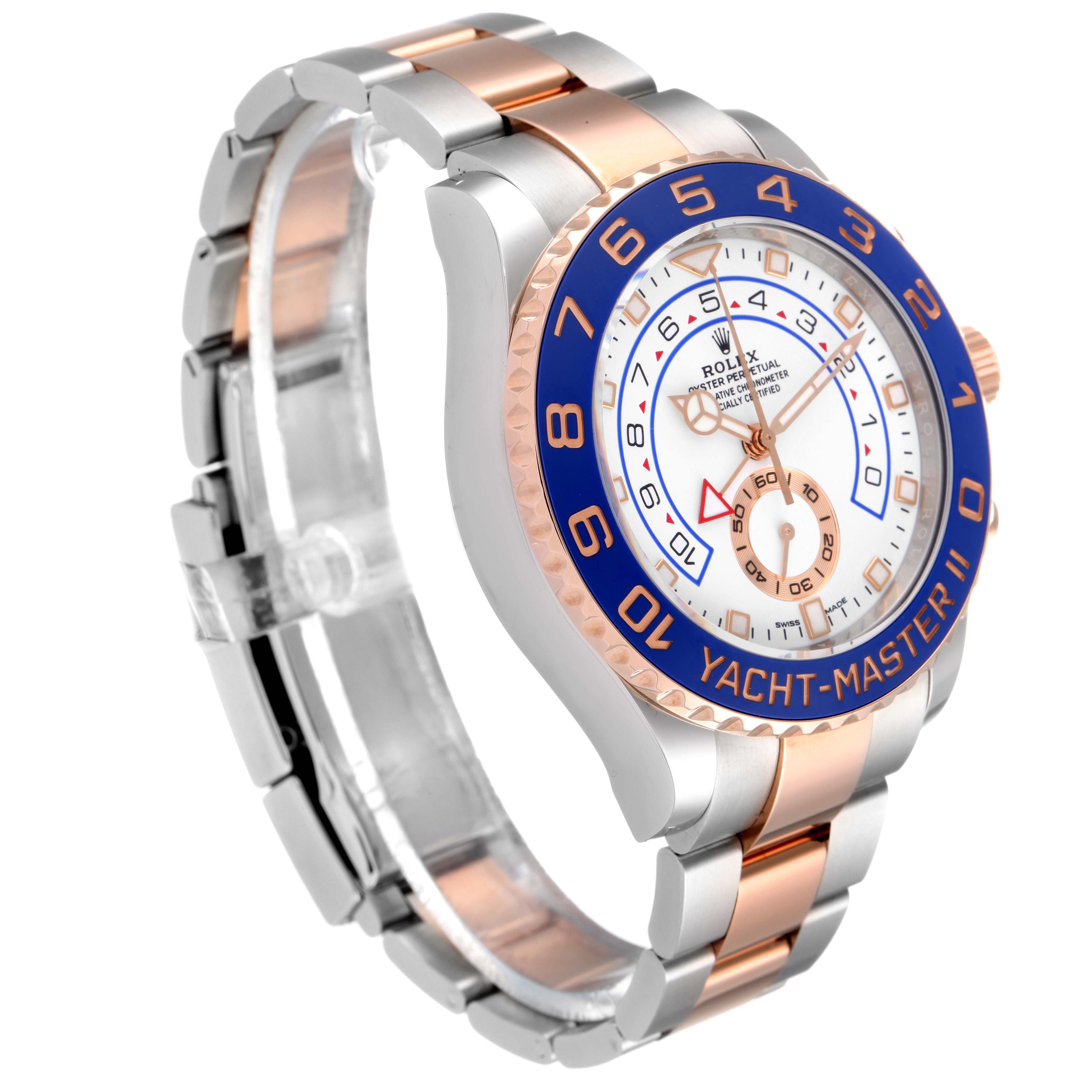 The image shows a Rolex Yacht-Master 116681 Men's Steel and Gold (two tone) White Dial 116681 Men's Steel and Gold (two tone) White Dial II watch from an angled view, highlighting its face, bezel, and bracelet.