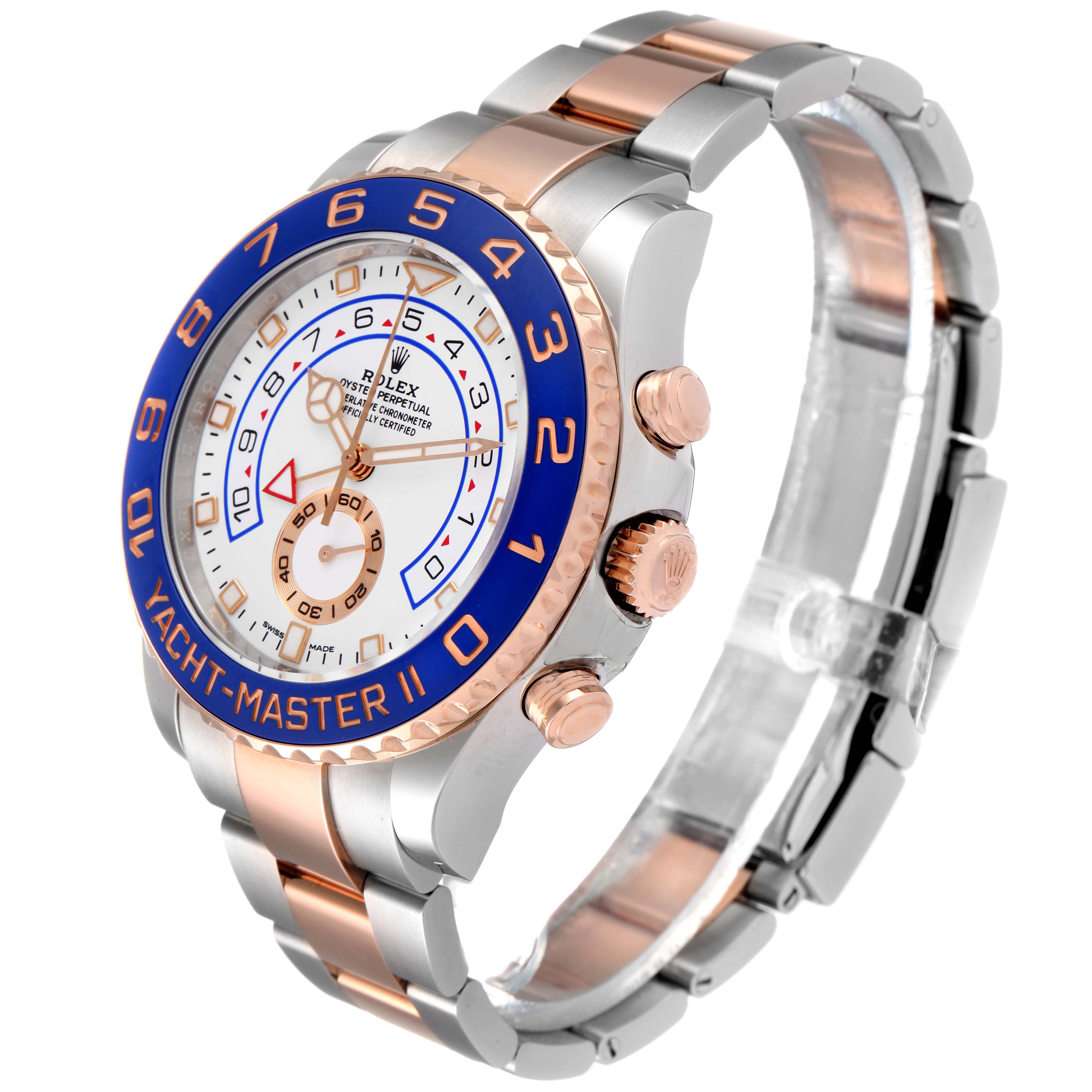 The image shows a Rolex Yacht-Master 116681 Men's Steel and Gold (two tone) White Dial 116681 Men's Steel and Gold (two tone) White Dial II watch angled to display the face, bezel, and part of the bracelet.