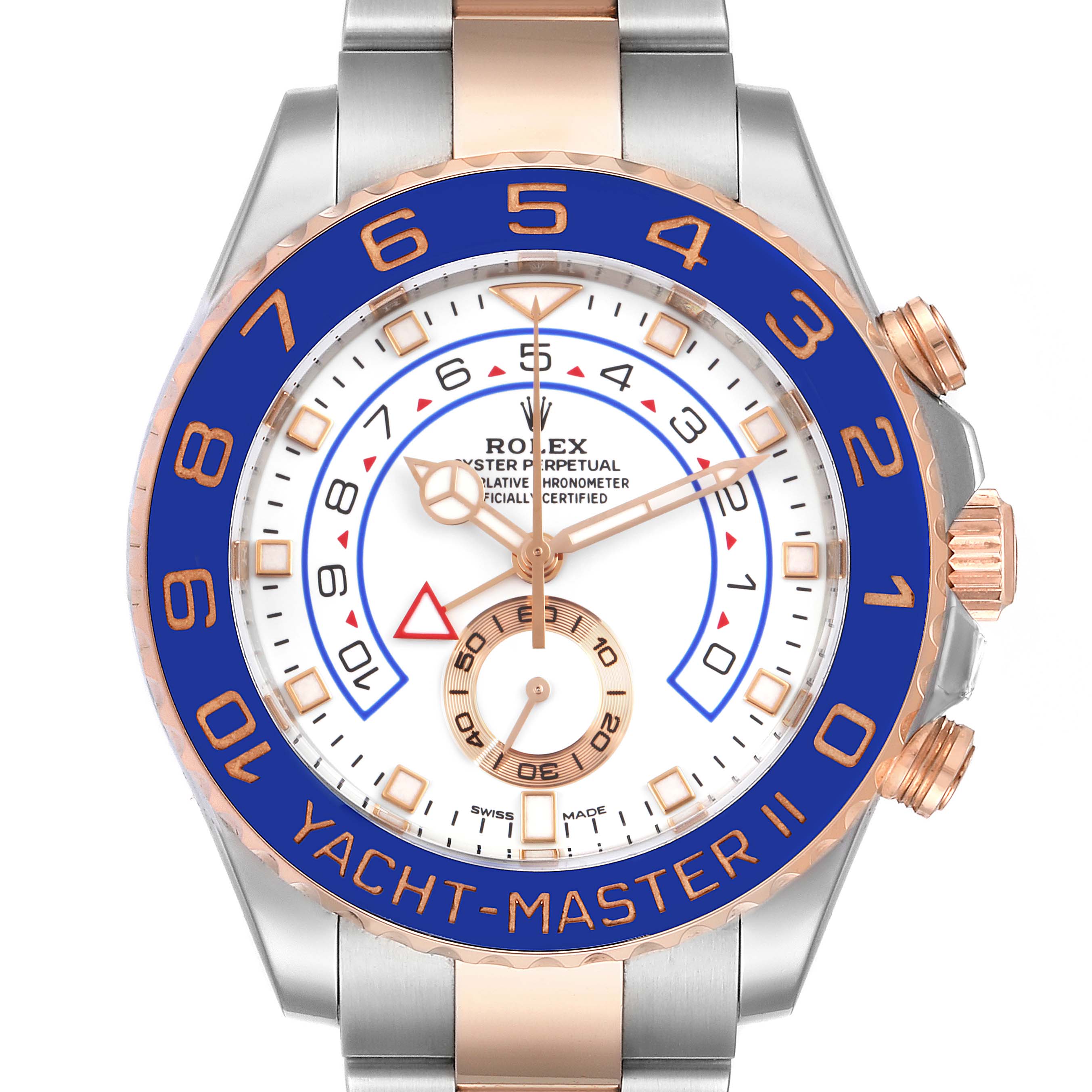 The image shows a frontal view of the Rolex Yacht-Master 116681 Men's Steel and Gold (two tone) White Dial 116681 Men's Steel and Gold (two tone) White Dial II watch, highlighting its face, bezel, and part of the bracelet.