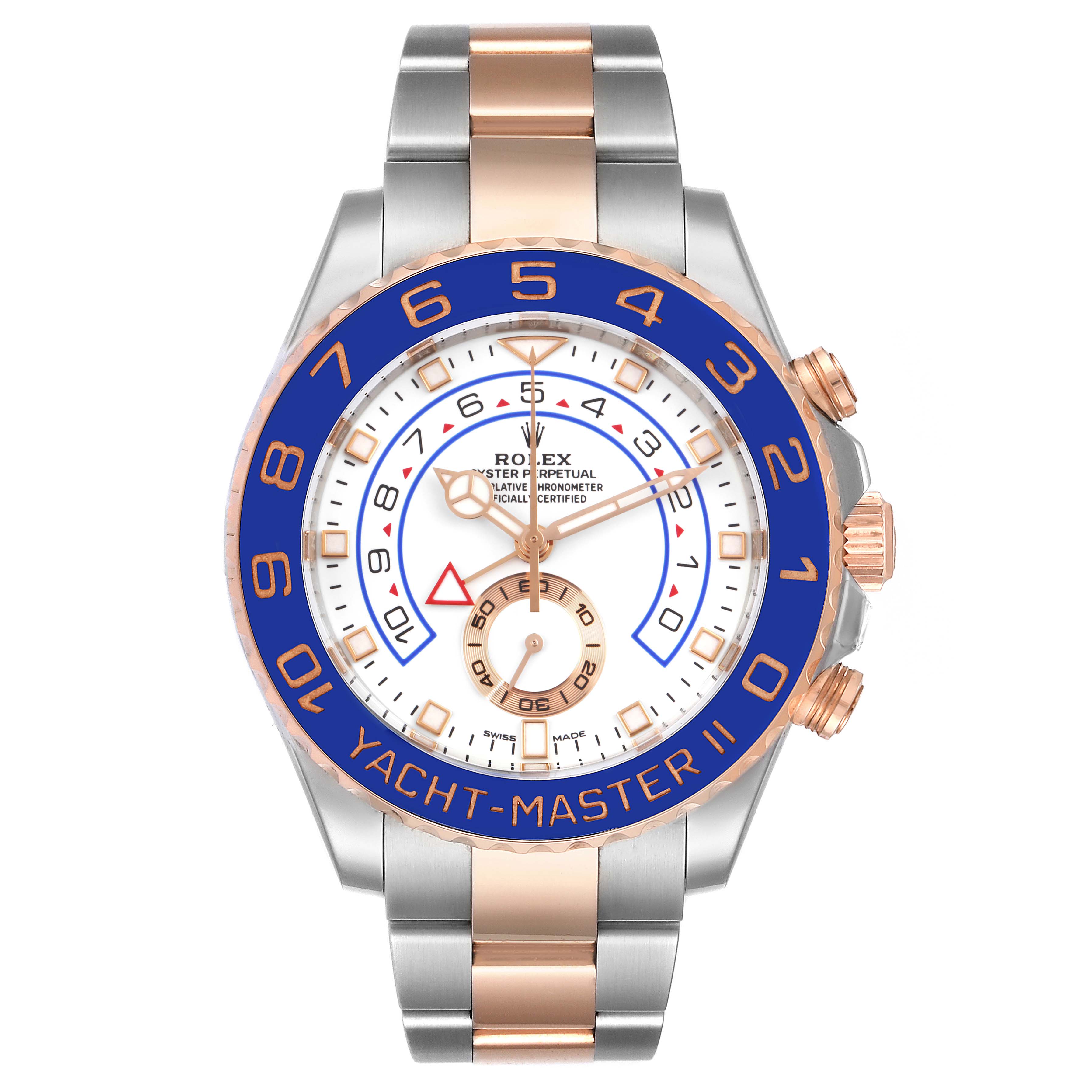 This image shows a frontal view of the Rolex Yacht-Master 116681 Men's Steel and Gold (two tone) White Dial 116681 Men's Steel and Gold (two tone) White Dial II watch, highlighting the dial, bezel, and bracelet.