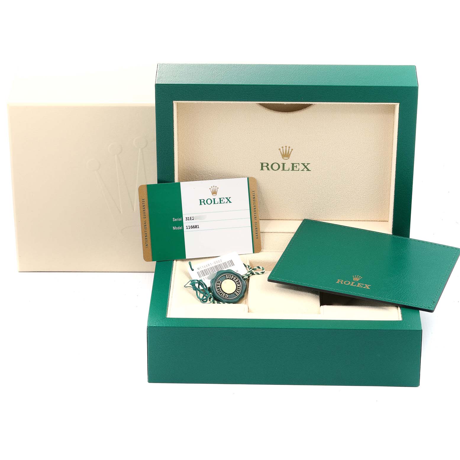 The image shows the packaging and accessories for a Rolex Yacht-Master 116681 Men's Steel and Gold (two tone) White Dial 116681 Men's Steel and Gold (two tone) White Dial watch, including the box, guarantee card, and booklet.