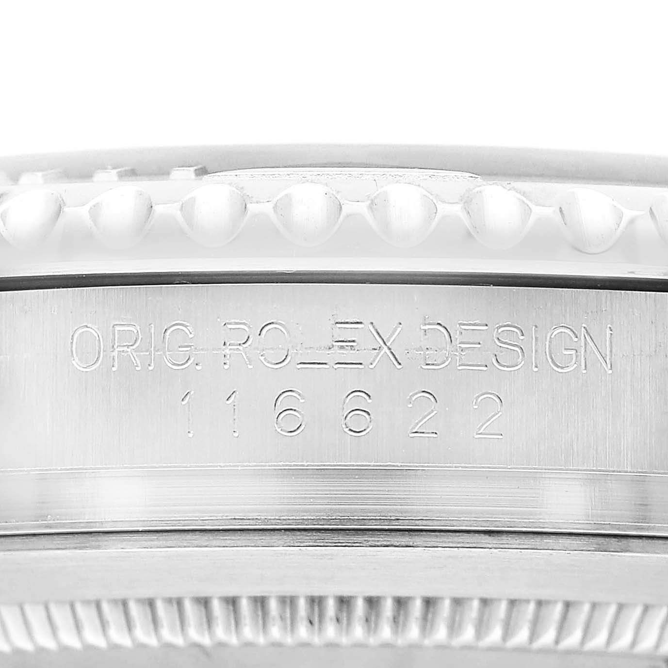 The image shows a close-up side view of the Rolex Yacht-Master 116622 Men's Stainless Steel Grey Dial's bezel and "ORIG ROLEX DESIGN 116622" engraving.