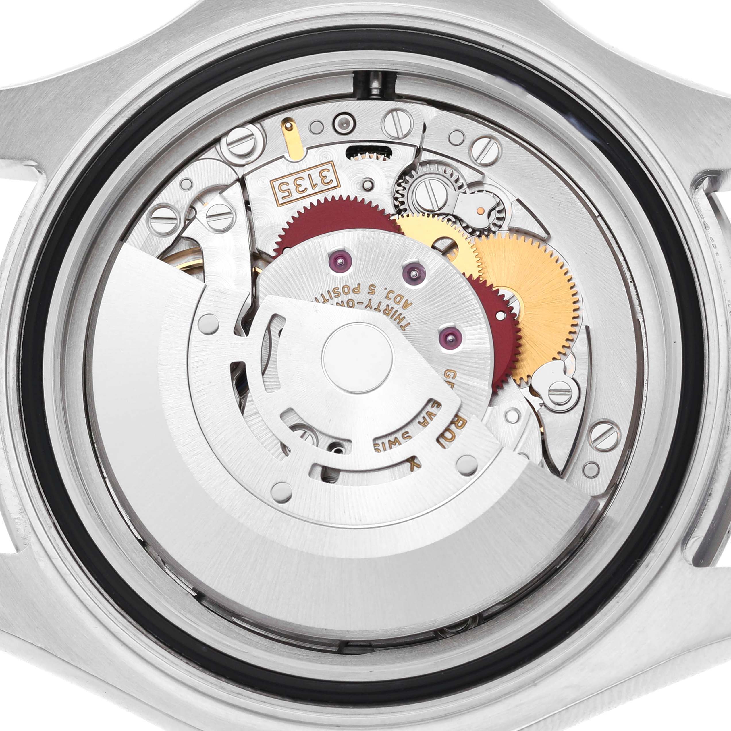 The image shows the internal movement mechanism of a Rolex Yacht-Master 116622 Men's Stainless Steel Grey Dial watch, viewed from the back.