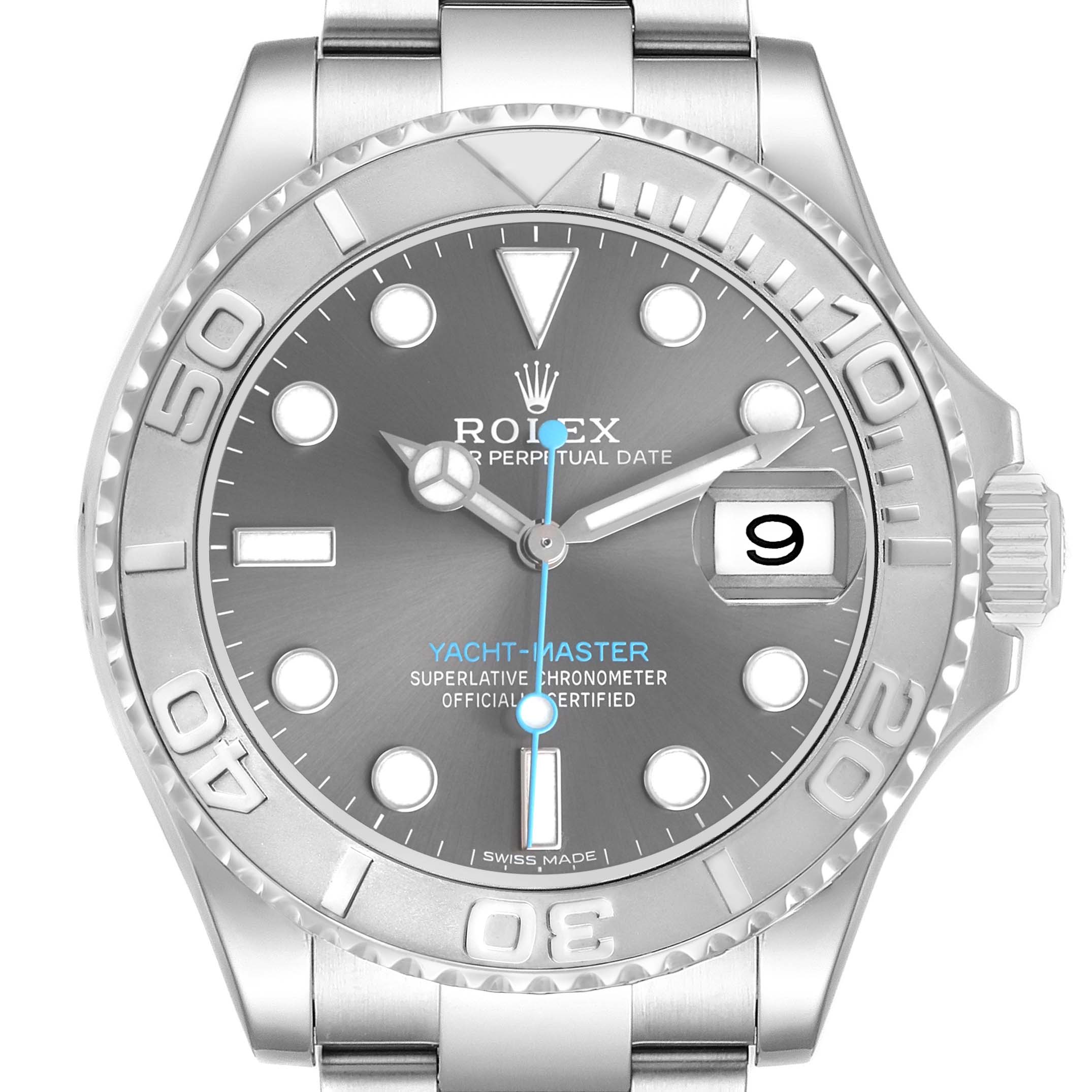 The Rolex Yacht-Master 116622 Men's Stainless Steel Grey Dial watch is shown from a top-down angle, highlighting its dial, bezel, date window, and part of the bracelet.