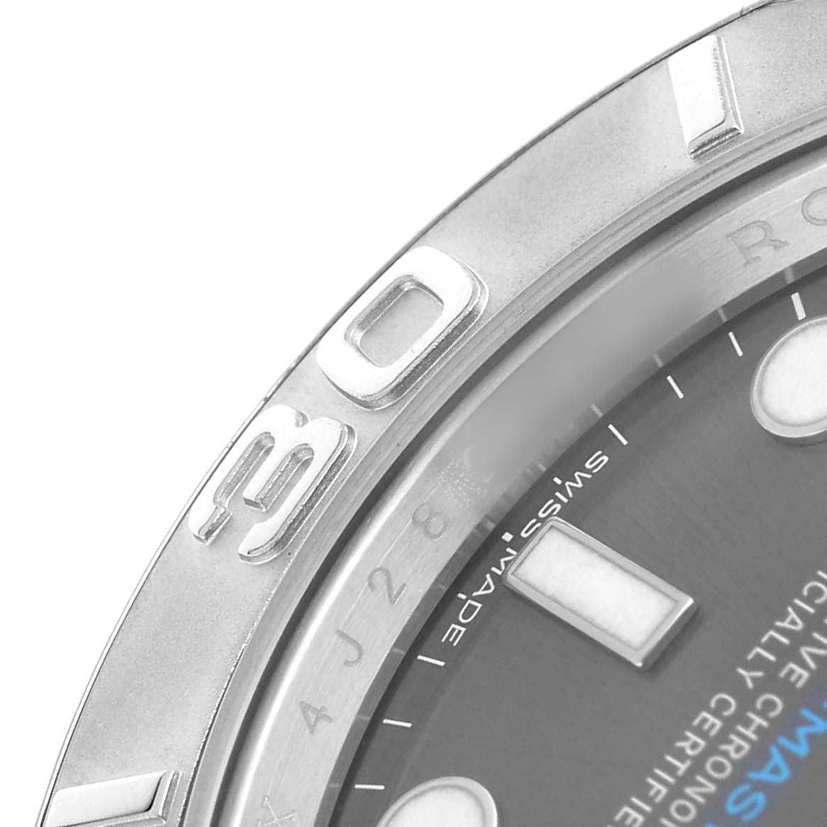 The image shows a partial close-up of a Rolex Yacht-Master 116622 Men's Stainless Steel Grey Dial watch, highlighting the bezel and dial.