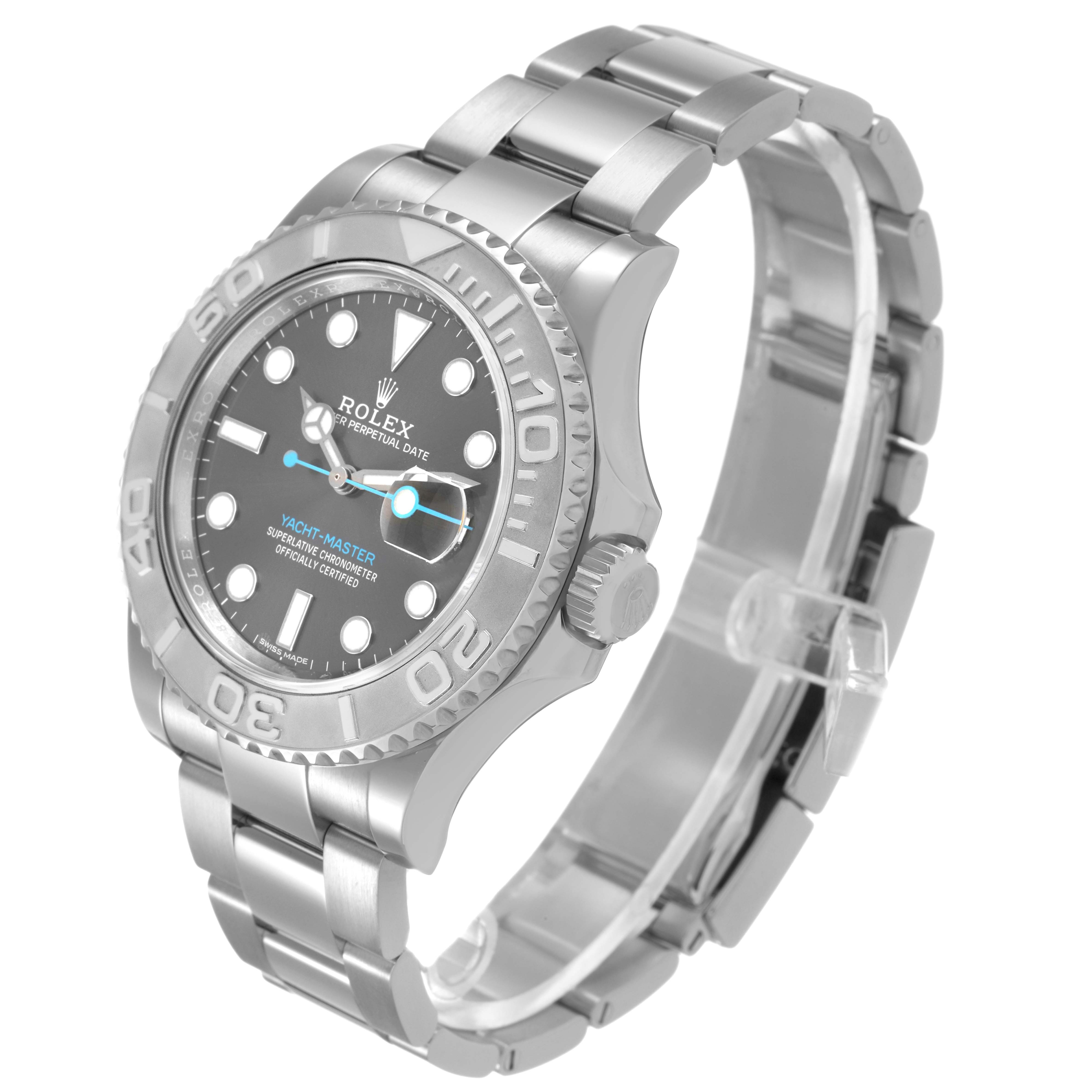 The Rolex Yacht-Master 116622 Men's Stainless Steel Grey Dial is shown at a three-quarter angle, highlighting the face, bezel, crown, and bracelet.