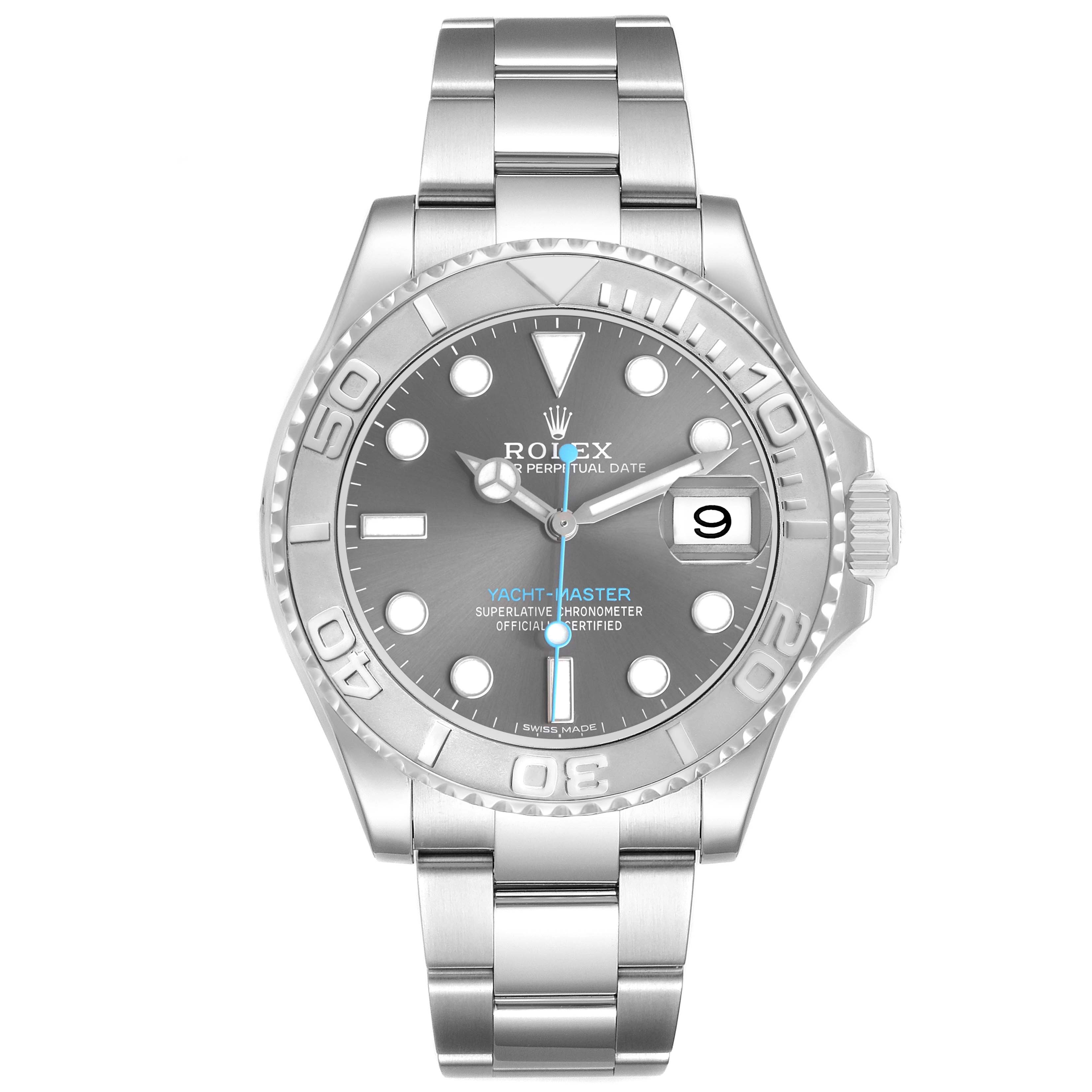 The Rolex Yacht-Master 116622 Men's Stainless Steel Grey Dial watch is shown from a frontal angle, displaying its face, bezel, crown, and bracelet.