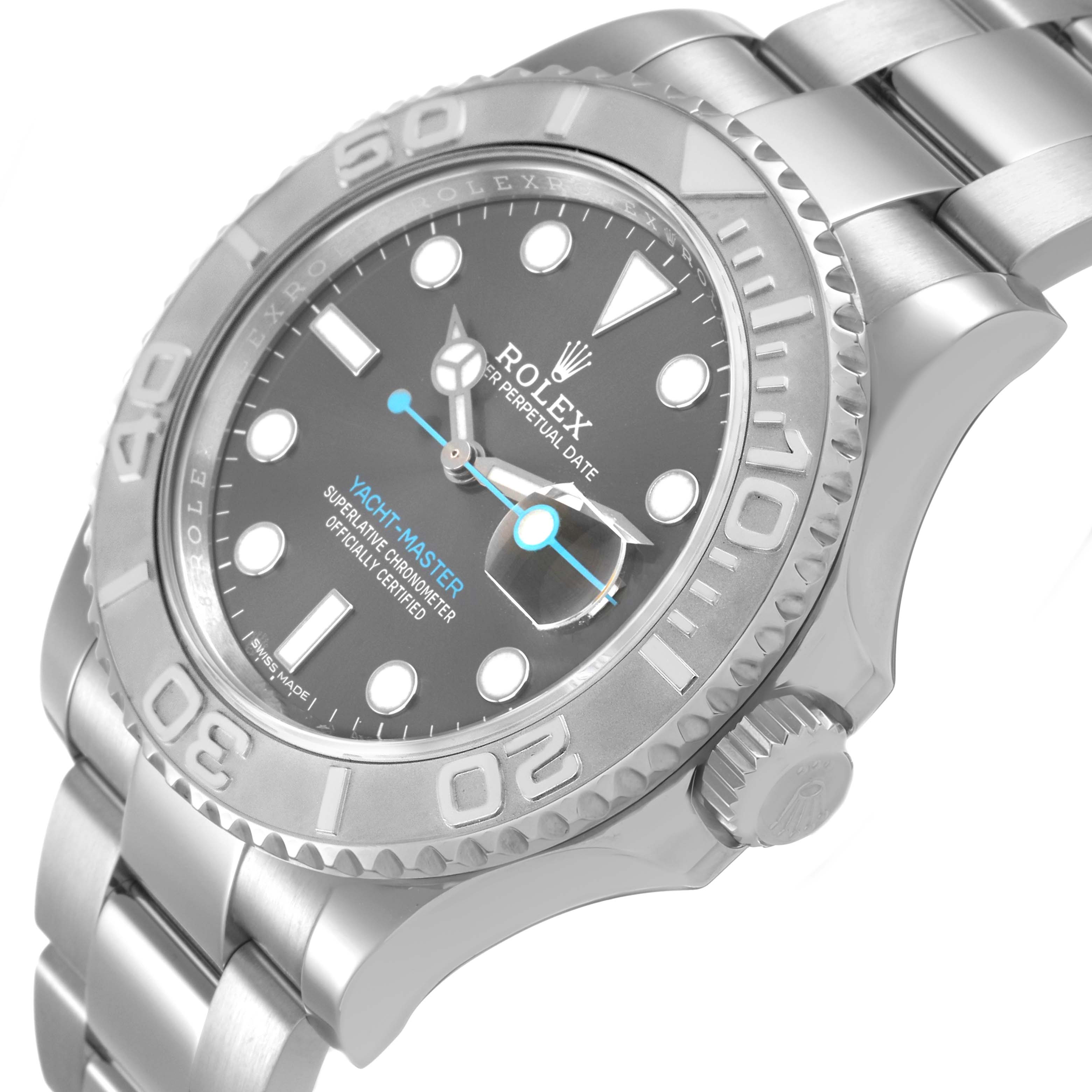 The image shows a Rolex Yacht-Master 116622 Men's Stainless Steel Grey Dial watch at an angled side view, highlighting the bezel, dial, hands, and part of the bracelet.