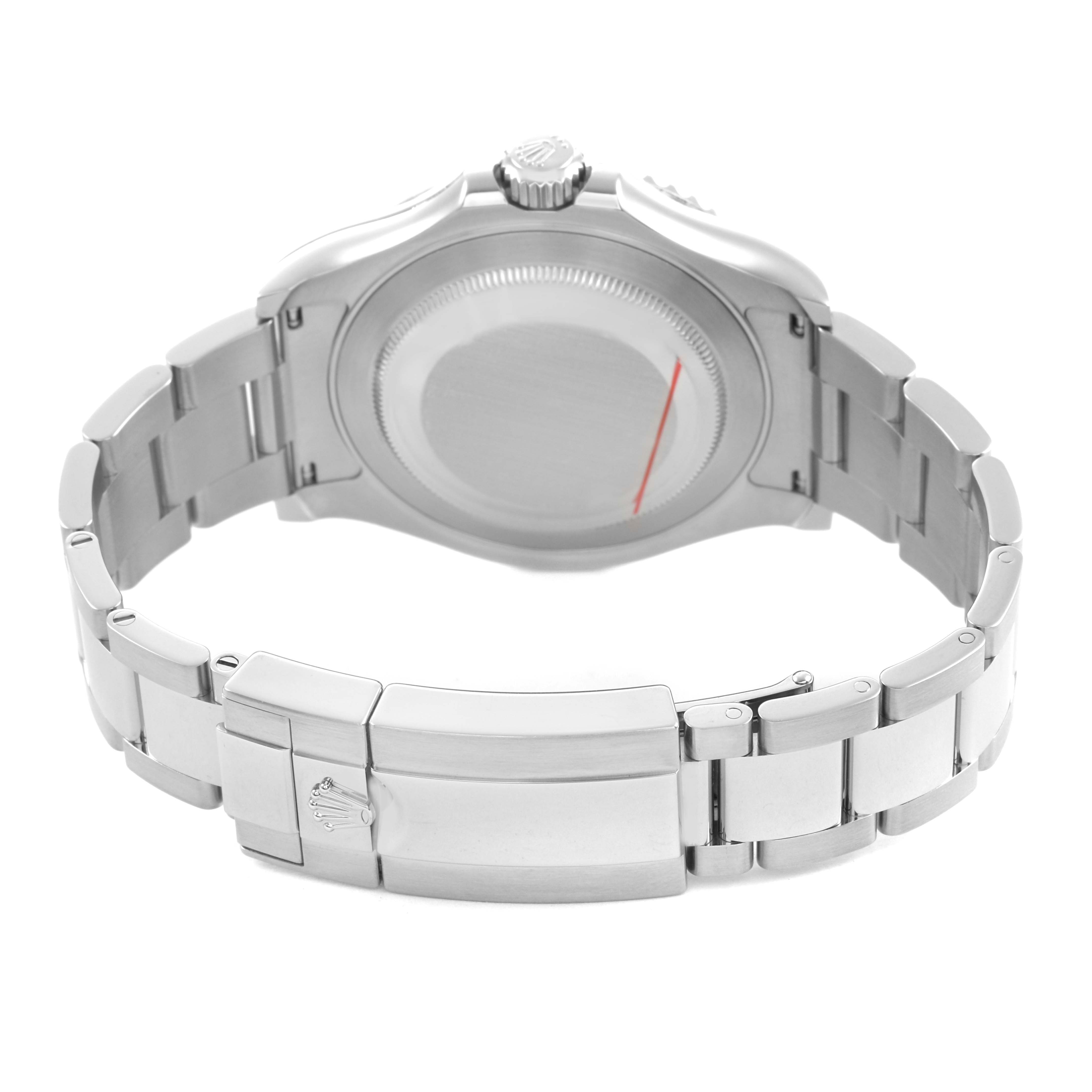 The image shows the back view of a Rolex Yacht-Master 116622 Men's Stainless Steel Grey Dial, highlighting the closed clasp and bracelet links.